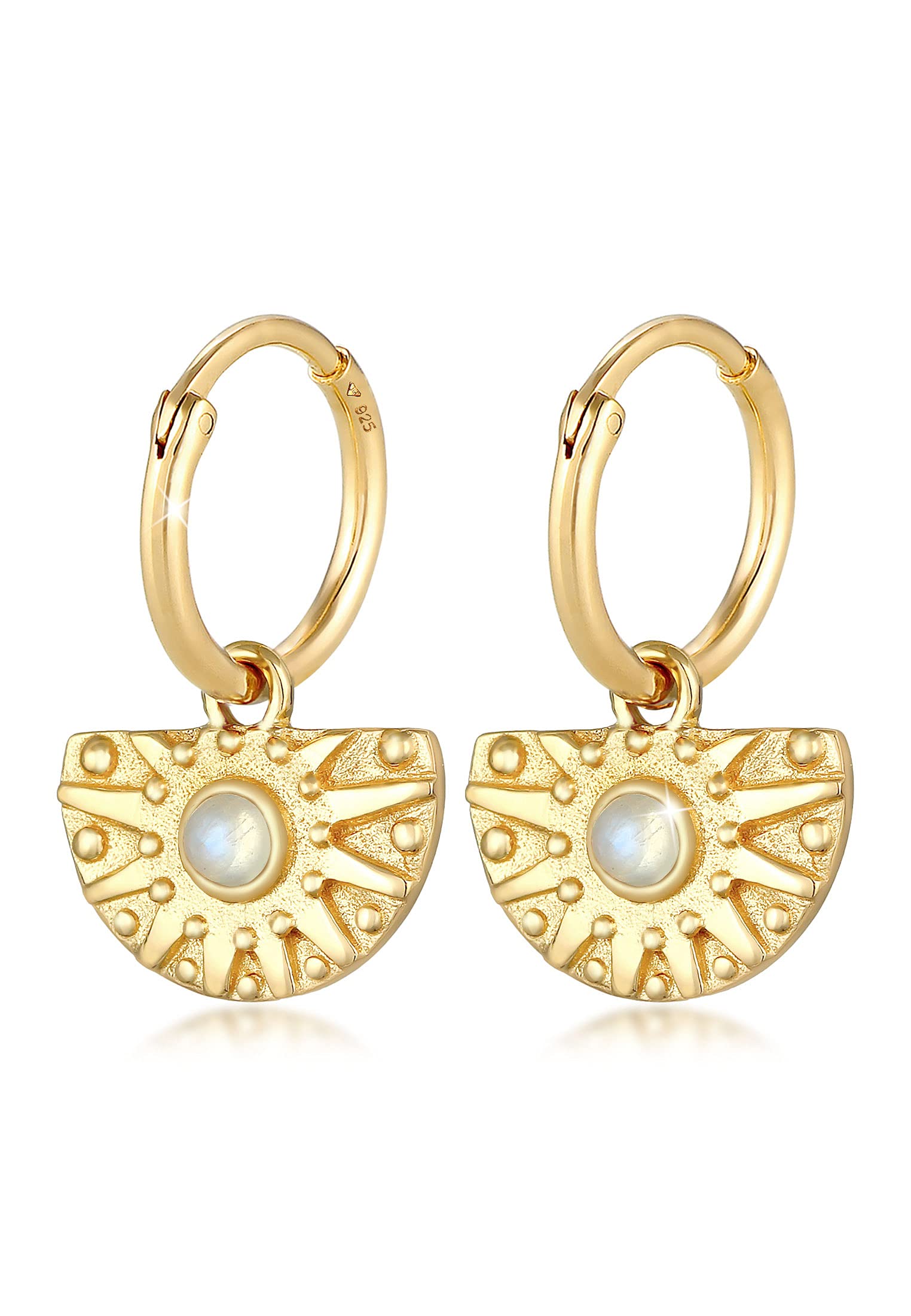 Elli Earrings Ladies Creoles Vintage Pendant Ornament Trend Blogger with Moonstone in 925 Sterling Silver Gold Plated
