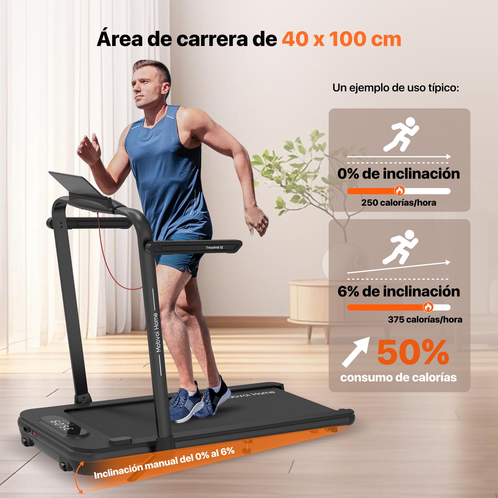 Mobvoi SE 3 en 1 - Smart IA con la App TicSports Cinta de Correr Plegable con Inclinación 6%, 2.5 HP, Portátil para Escritorio, Control Remoto y Pantalla LED