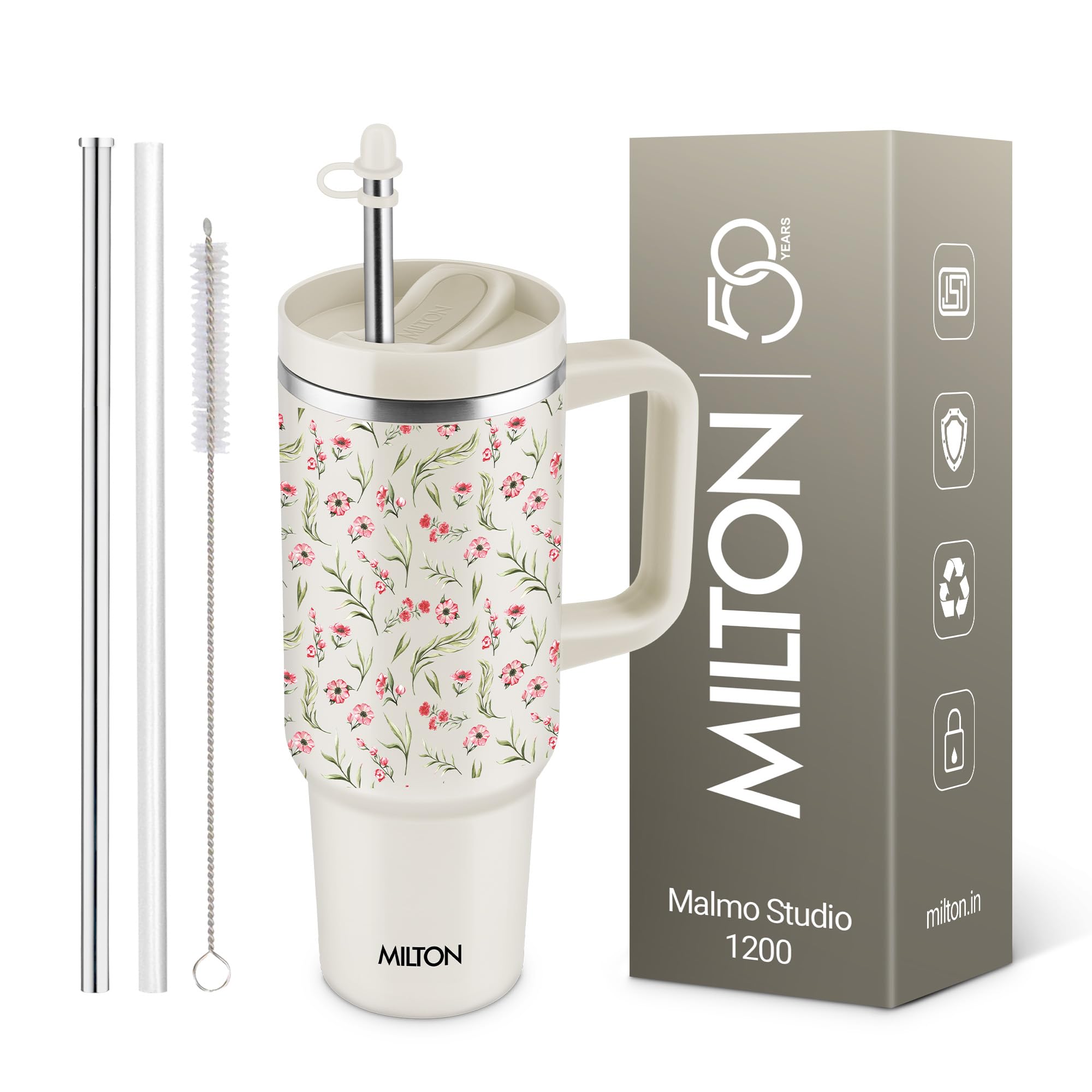 MILTON Malmo 1200 Thermosteel Double Wall Vacuum Insulated Stainless Steel Tumbler with Handle 1100ml, Travel Mug with Straw,Silicon Cap,Cleaning Brush,Hot & Cold Beverage Flask,Floral Cream