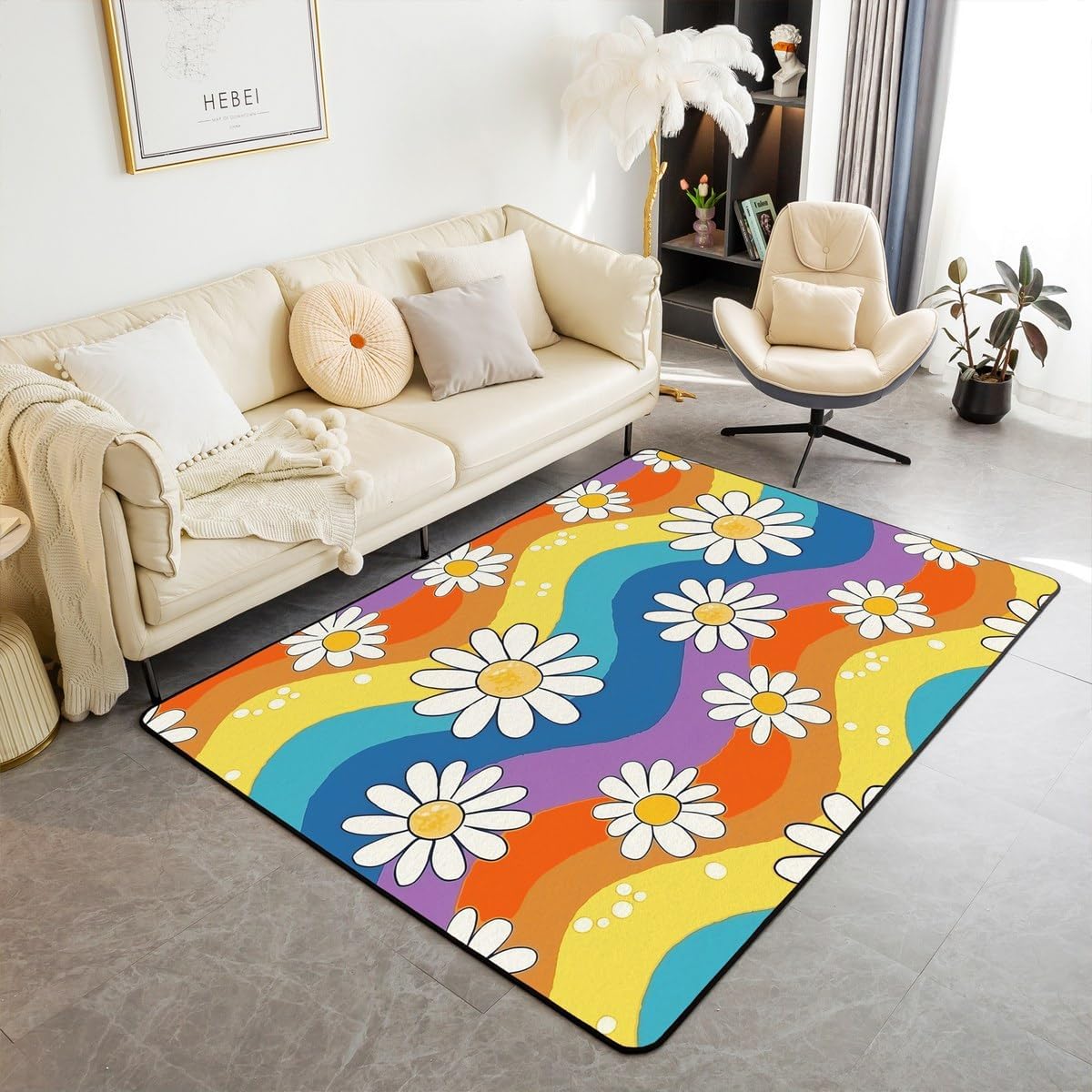 70S Groovy Flower Area Rug 3x5 for Bedside Living Room, Boho Rainbow Floral Rug for Kids Boys Girls Teens, Hippie Flowers Bohemian Daisy Carpet, Retro Funky Decor Indoor Floor Mat 2000S Room Decor