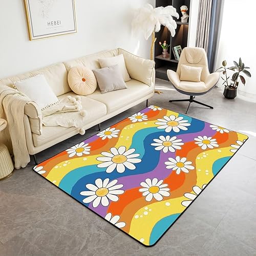 Miniatura 1 de 70S Groovy - Alfombra de área de flores de 3 x 5 pies para sala de estar junto a la cama, alfombra floral de arco iris bohemio para niños, niñas,