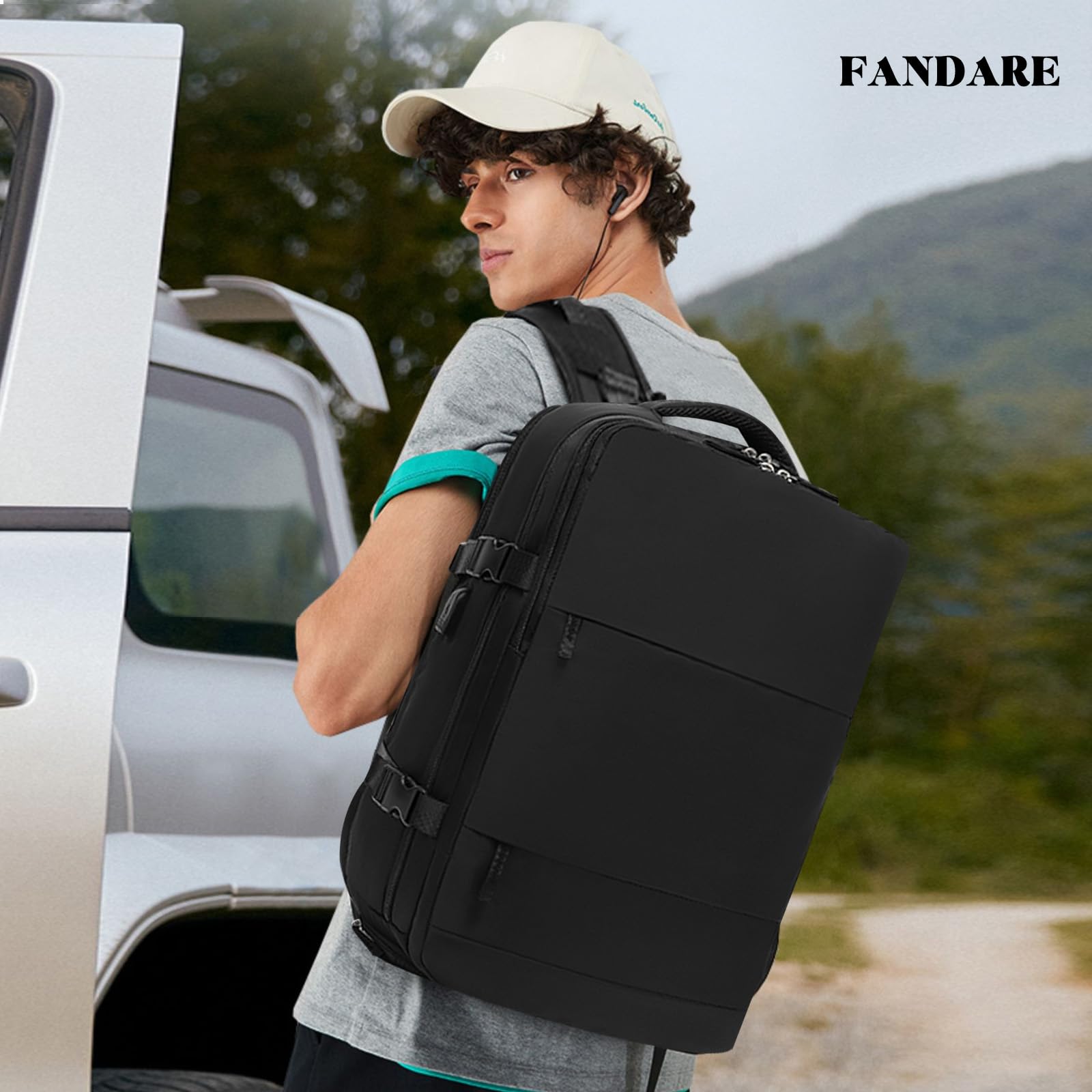 FANDARE Unisex Zaino Casual Zaino pc 15.6 pollici con porta di ricarica USB zainetto con chiusura a 180° Borsa da Cabina per Voli Zaino Lavoro viaggio Ufficio Zaini Scuola Università Nero