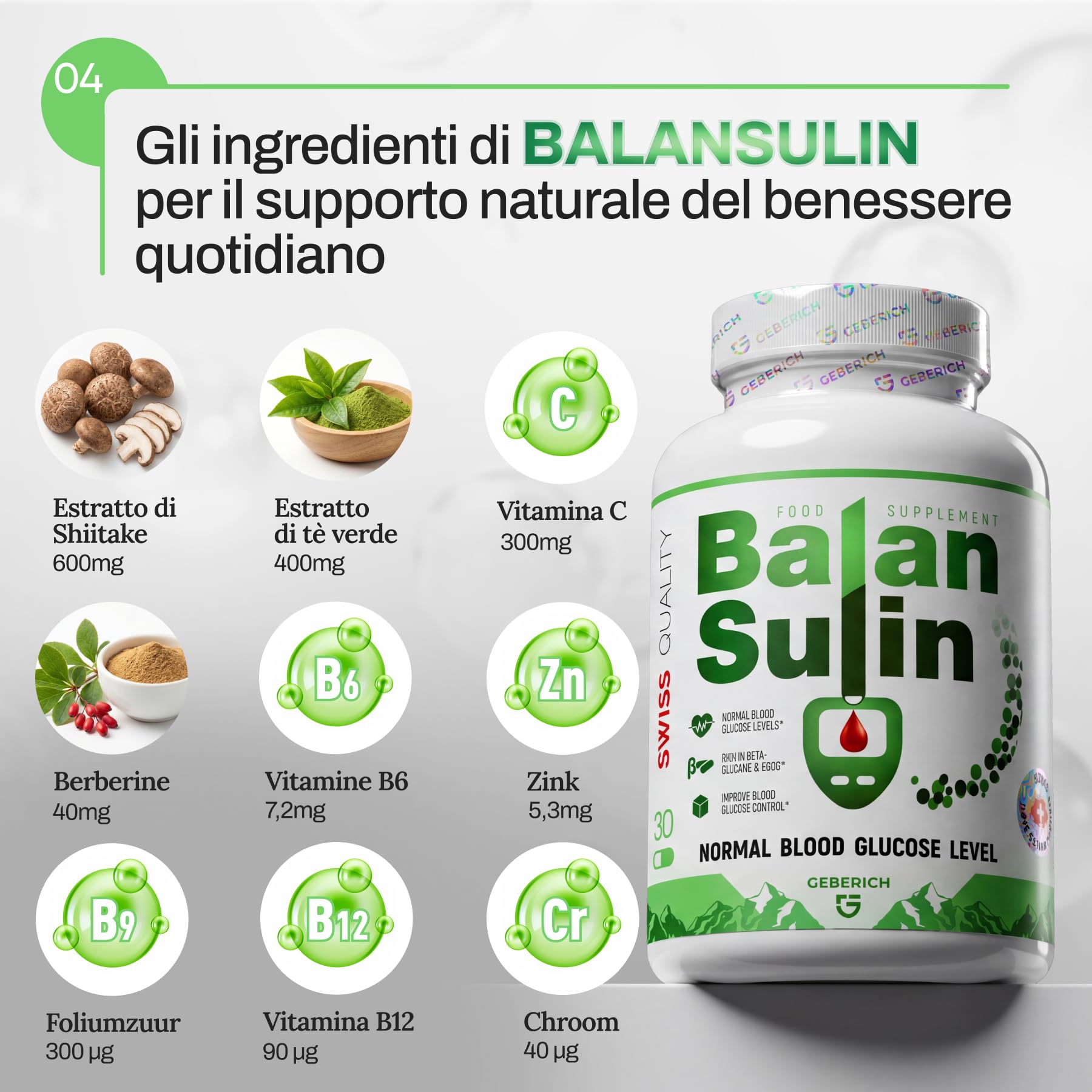 Capsule BALANSULIN | Estratto di Shiitake 600 mg, Tè Verde 400 mg, Berberina 41,25 mg | Supporto Glicemico e Metabolismo | con Vitamina C 300 mg, Zinco, Vitamina B6, B12 | 30 Capsule
