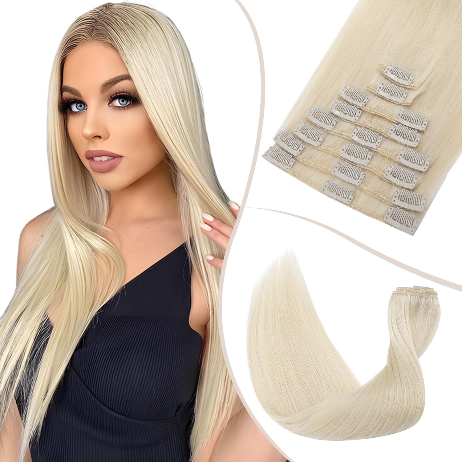 TESS Clip in Hair Extensions Real Human Hair Blonde Remy Seamless 8 Pieces Straight Long for Women/Girls (#60 Platinum Blonde