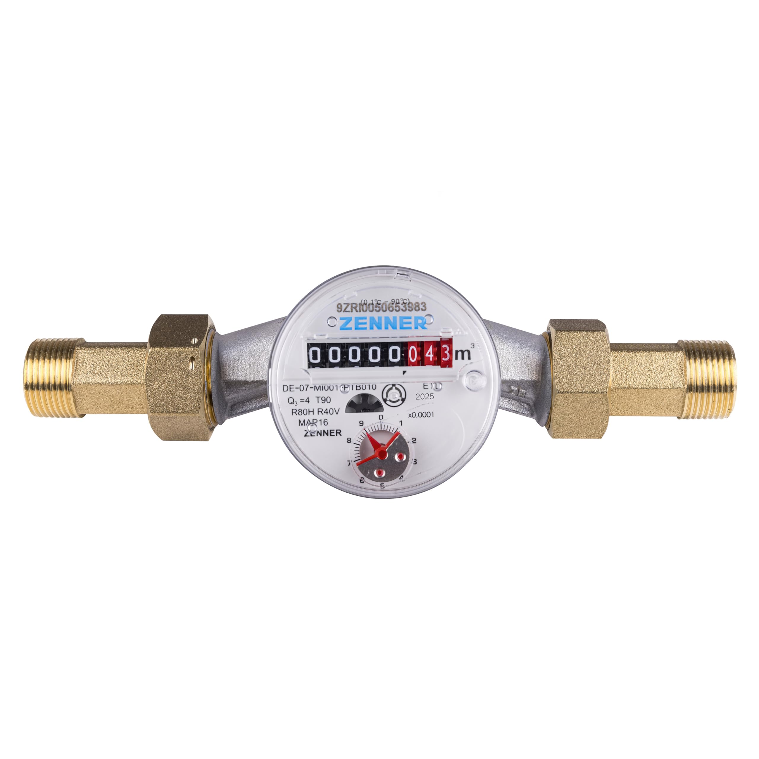 Zenner Compteur d'eau froide + chaude 3/4", longueur 130 mm, gris, avec raccords à vis et joints, calibrage 2026