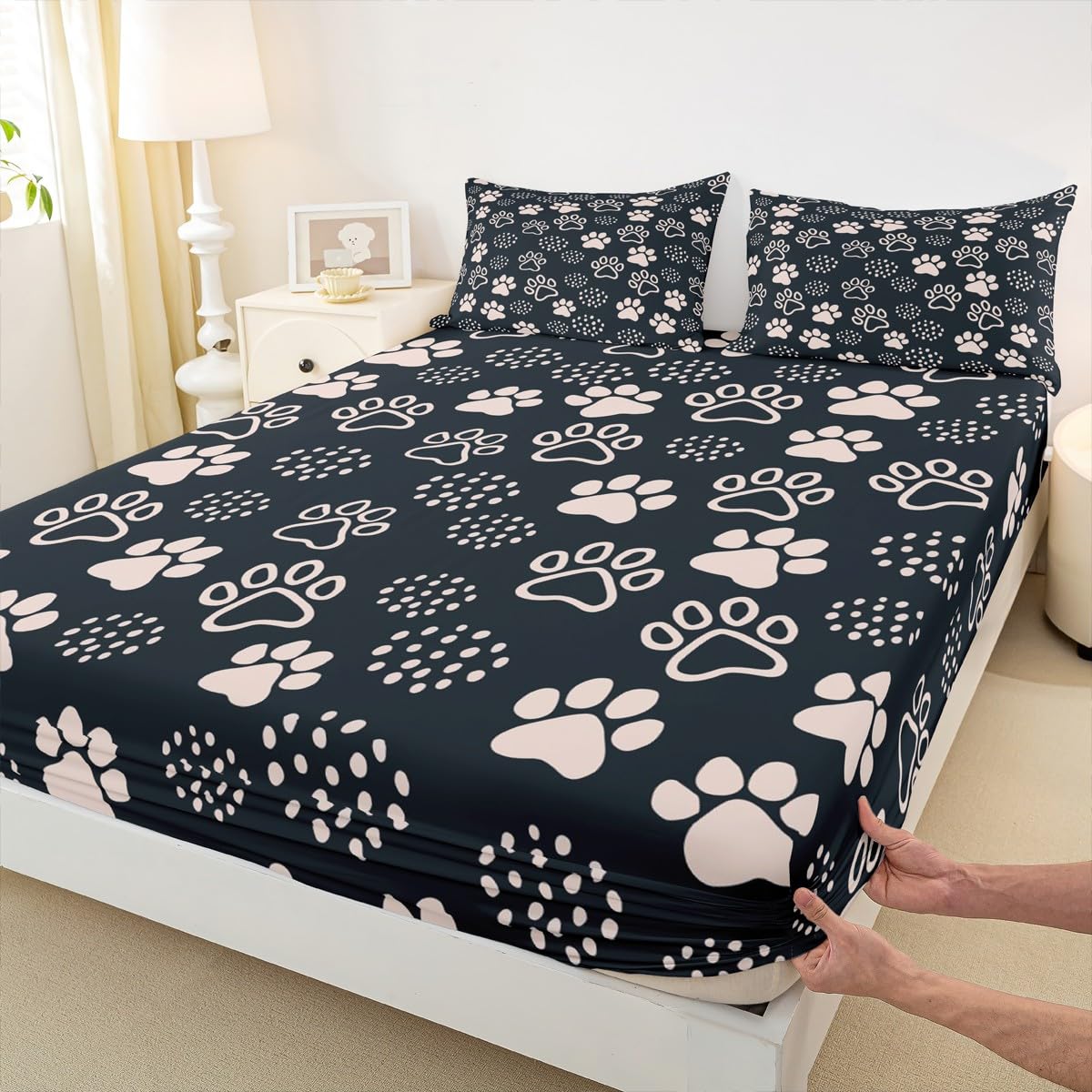 Parure de lit 2 pièces enfants housse couette motif pattes chien lit fille
