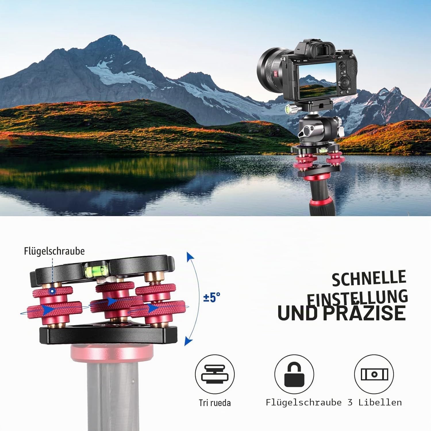 NEEWER Stativkopf Nivelliersockel, Kamera Nivelliergerät, 3 Achsen Dreiradkopf aus Flugzeugaluminiumlegierung, 3/8" Gewinde, -5° präzise Winkeleinstellung für Makro Panoramafotografie, LP64