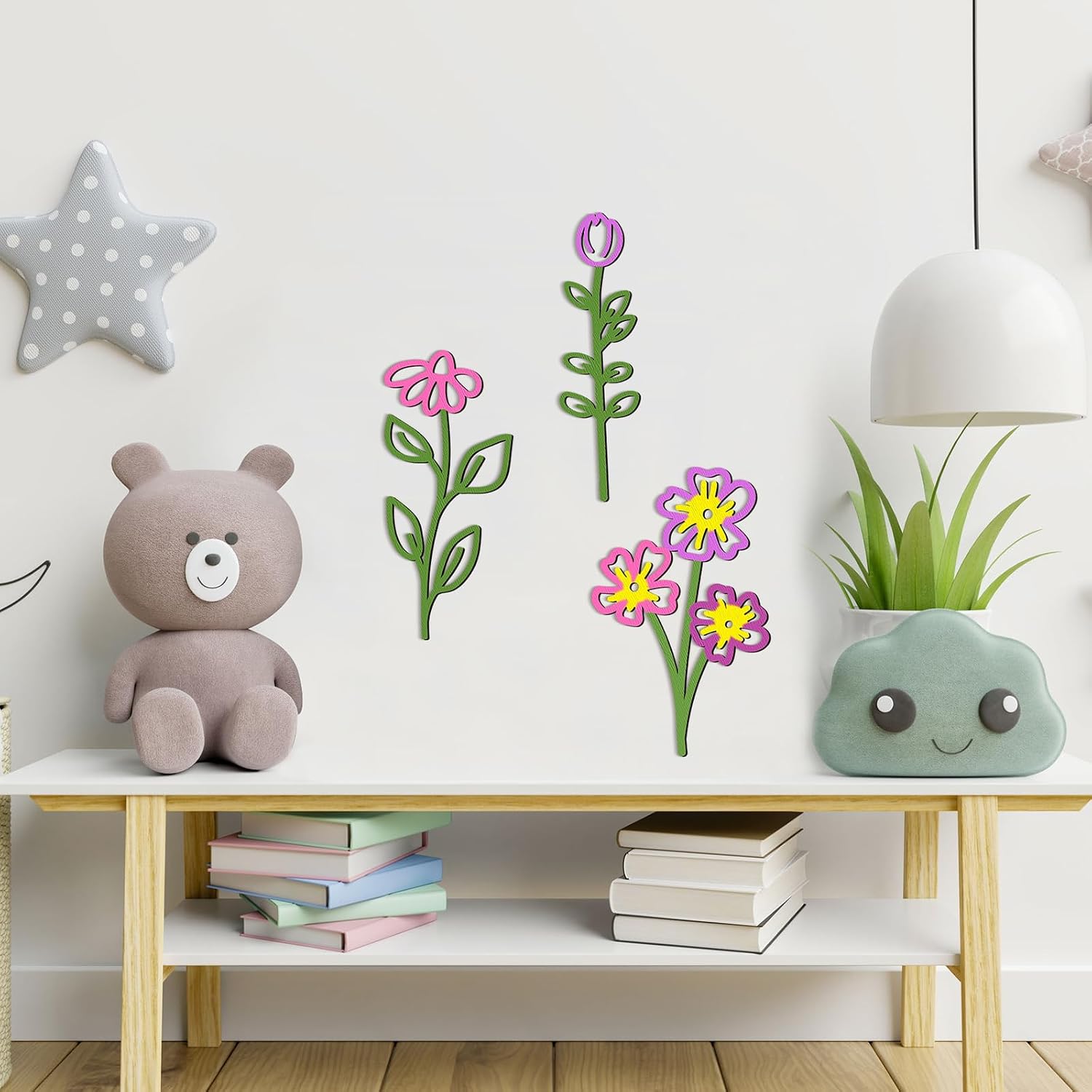 PerKoop 8 Pcs 3D Wooden Flowers Wall Decor, Unfinished Paintable Boho Wildflowers Hanging Sculpture for DIY Craft, Nursery, Bedroom, Living Room, Housewarming Gifts, Home Decorations(Fresh Style)