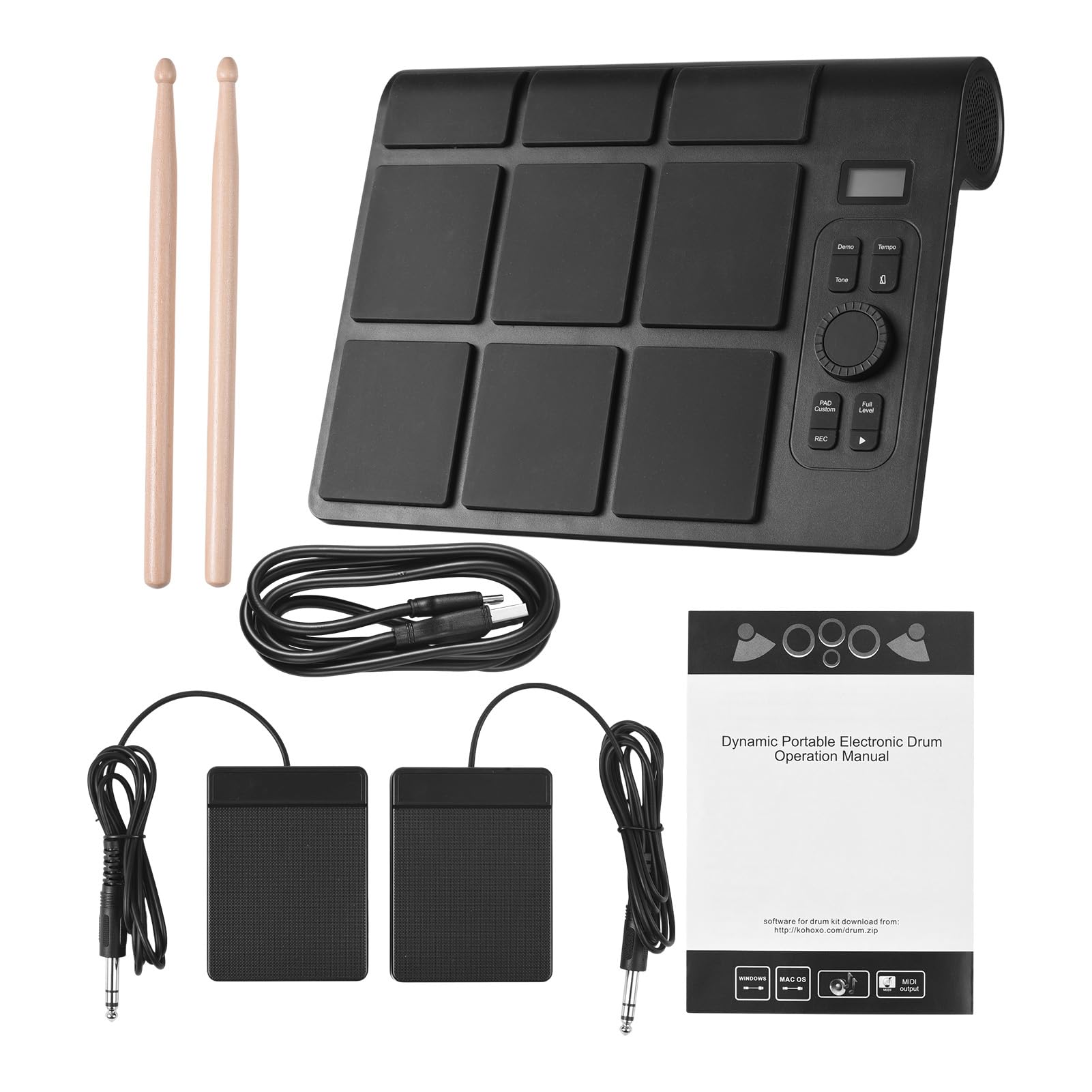 Batteria elettronica 9 Pad Kit di batteria digitale portatile Set di batteria elettrica da tavolo portatile con 16 suoni 2 pedali Display LCD BT MIDI per l'esercizio a casa o