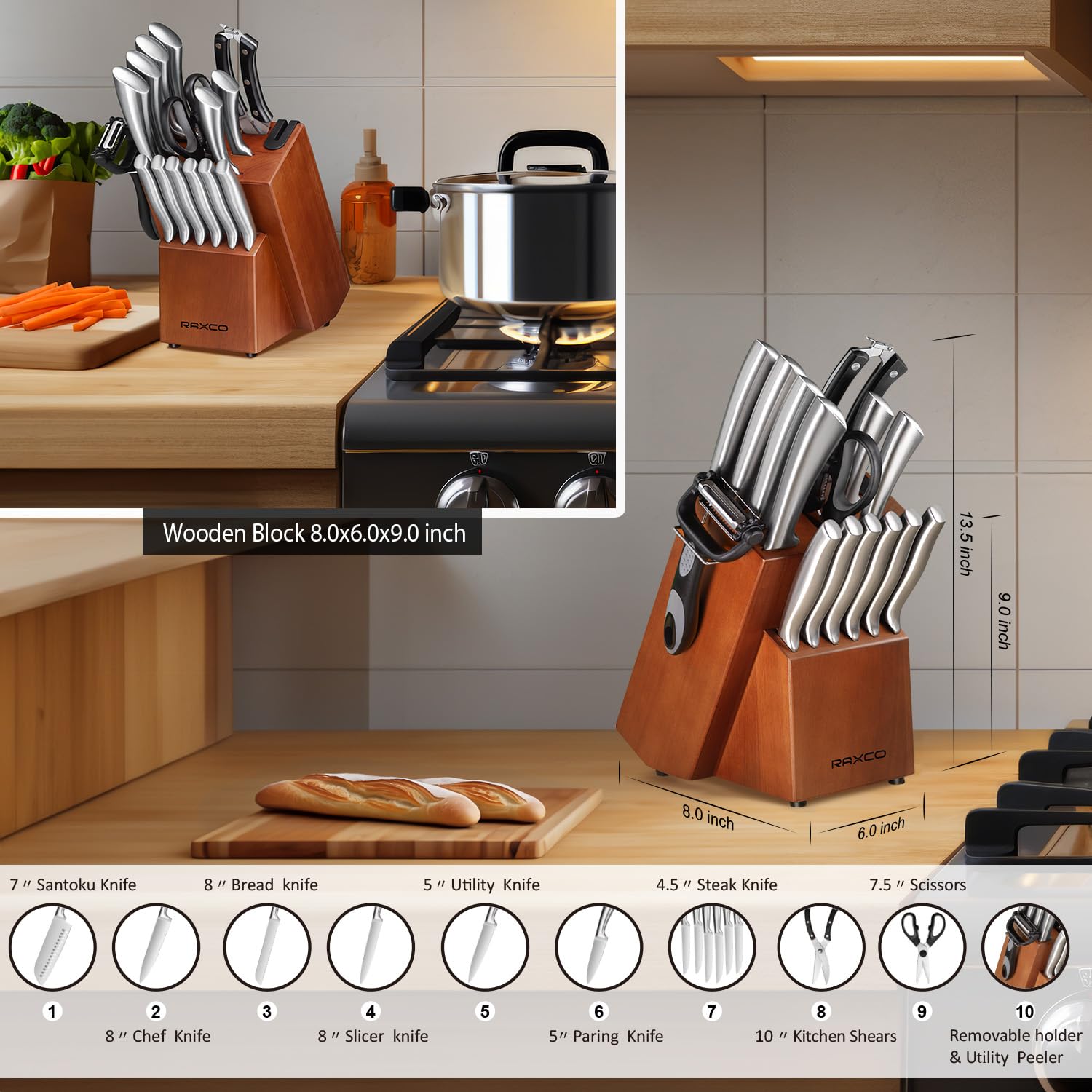 RAXCO Messerblock Set, 18-teiliges Edelstahl Küchenmesser Set - Steakmesser Set, Professionelle Küchenmesser Sets mit Block und Schärfer