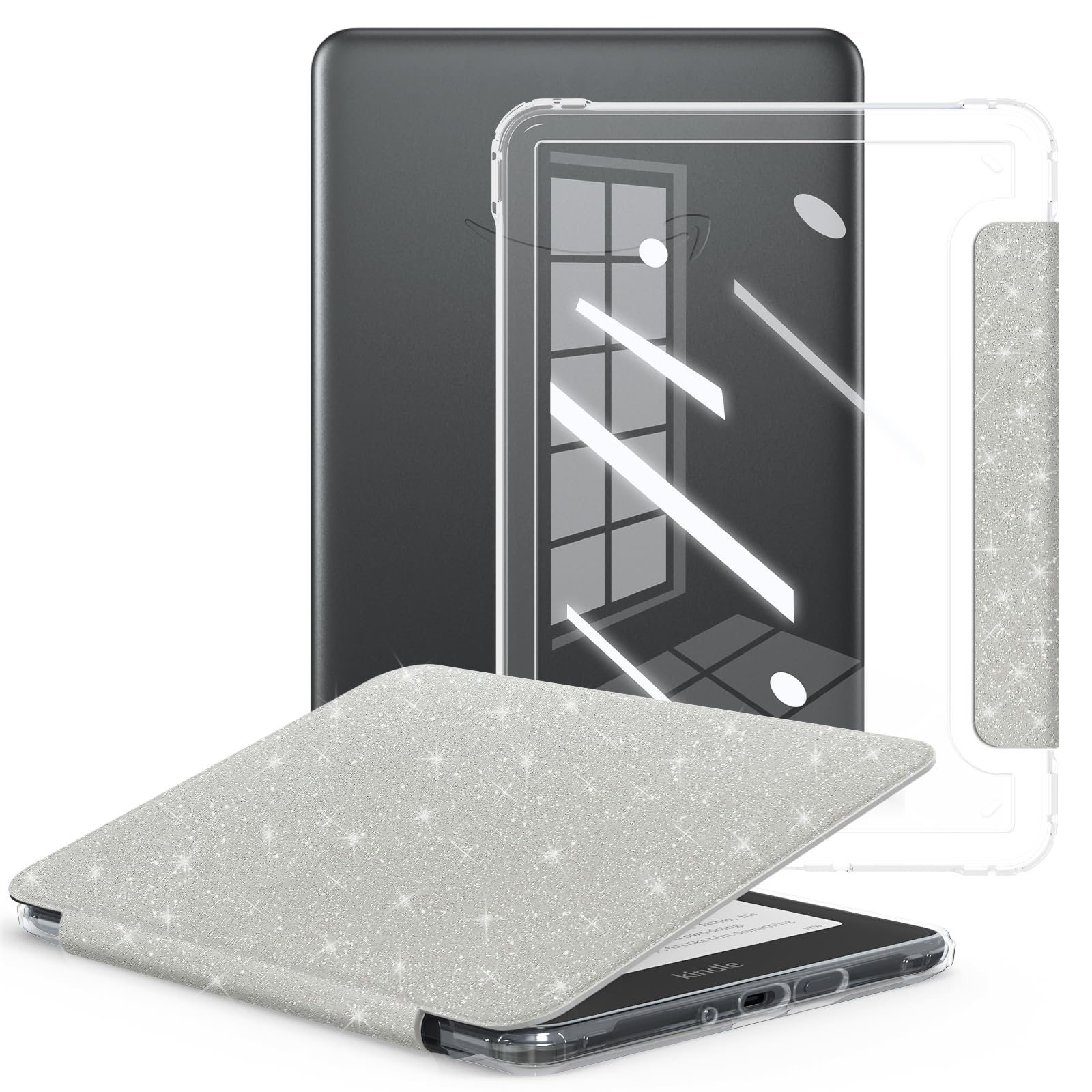 E NET-CASE Case for 7 inch eBook Readers 2024 Released,Clear Back Shell Durable PU Leather Cover with Auto Sleep Wake,White-picture-21