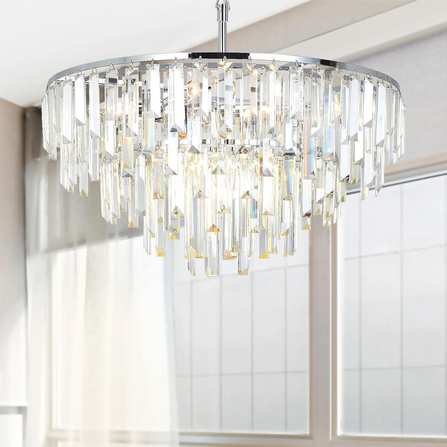 Chrome Crystal Chandelier for Dining Room, 24" Modern Luxury Chandeliers 5-Tier 8 Lights Contemporary Round Ceiling Pendant Light Fixture for Living Room Bedroom Foyer Entryway