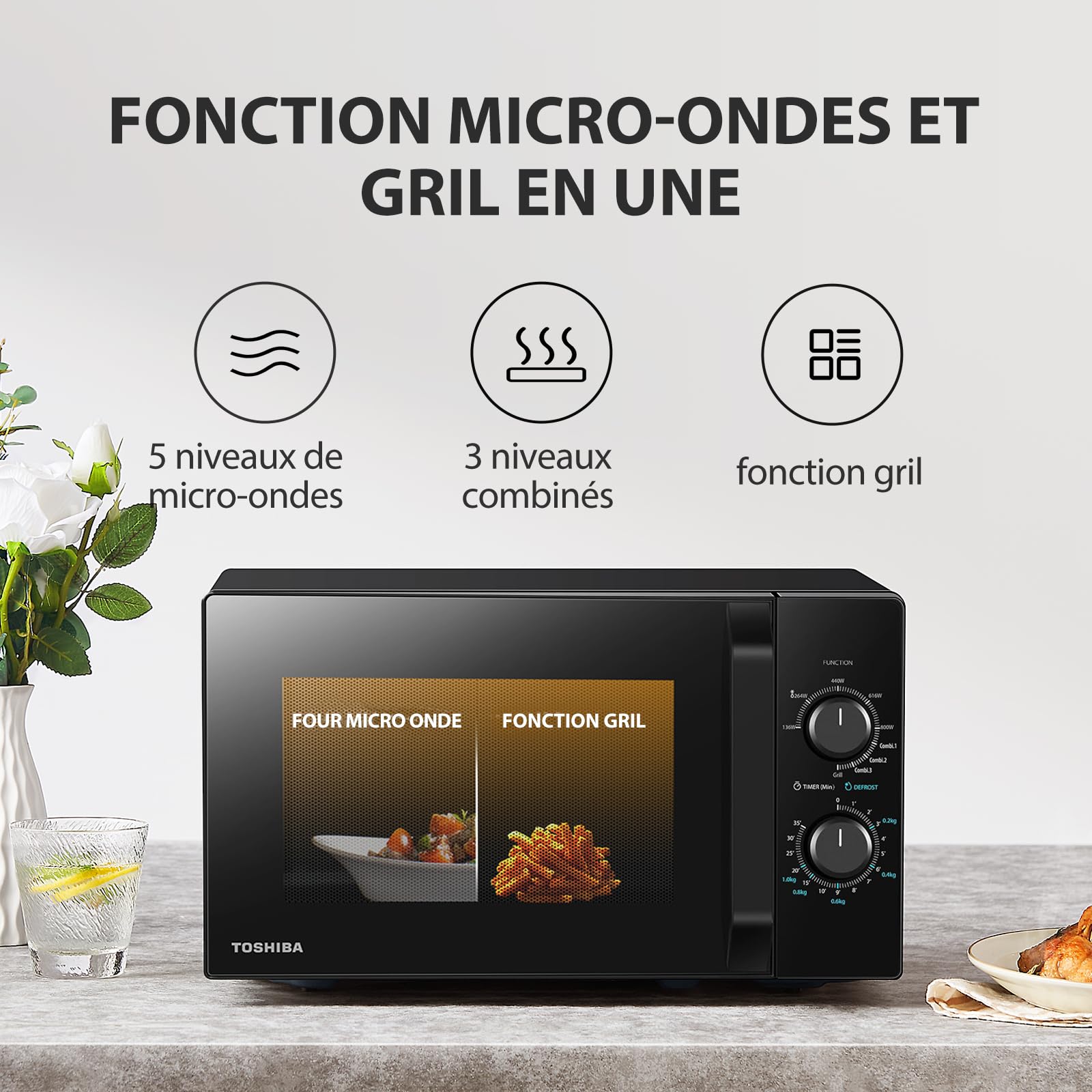 Toshiba Four à micro-ondes 20 L MW2-MG20P(BK), 700 W/1000W Grill, avec Grill Croustillant et Fonction de Cuisson Combinée, 9 Niveaux de Puissance, Ampoule LED, Dégivrage facile, Noir