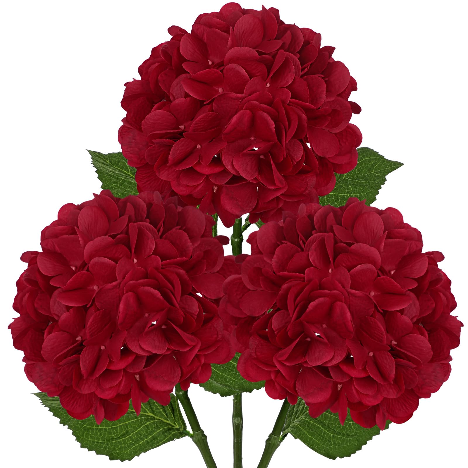 Hollyone Pack of 3 Hydrangea Artificial Flowers, Red Fake Hydrangea Stems with Large 7'' Blooms, Long Stem Silk Flowers for Floral Arrangement, Tall Vase, Home Decor, Wedding Decorations — image 1