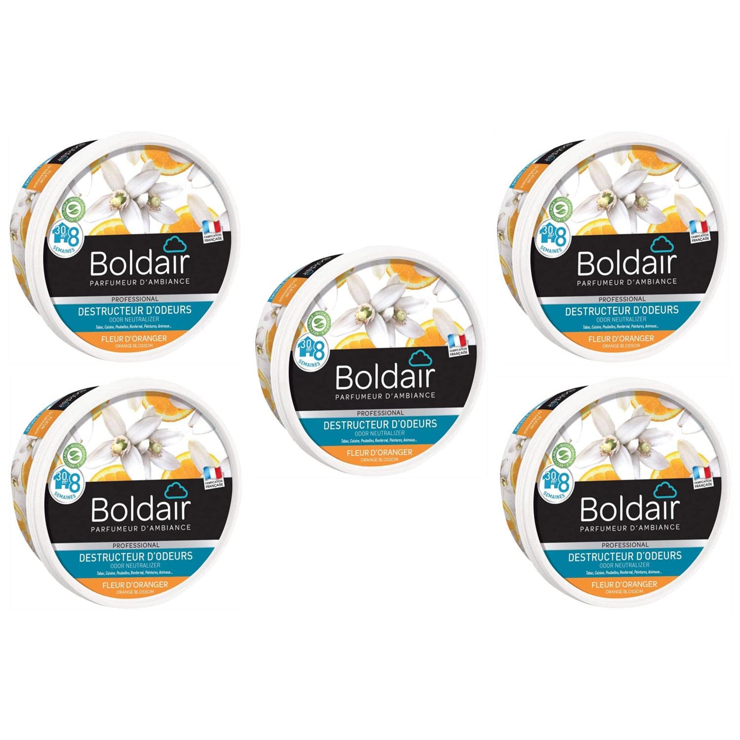 BOLDAIR Lot de 5 Pots 300g Gel Destructeur d'odeurs 8 Semaines Fleur d'oranger