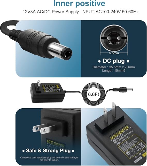 12V 3A Adapter Power Supply Cord Fit for DOSS SoundBox XL, Braven BRV-X BRVX BRVXGWB BRVXBBB 805 1100 BRV-HD Bluetooth Speaker, Bose Companion 2 Series II III 2 3 PC Speakers Replacement Charger Cable