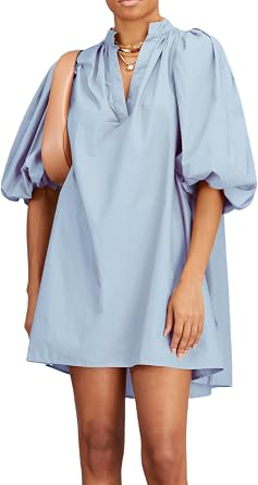 EZAPINE Women Babydoll Mini Dress Summer Casual Cotton V Neck Puff Lantern Sleeve Loose A Line Cute Dress