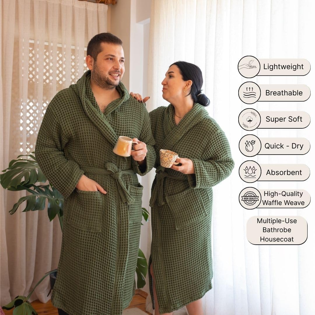 Unisex Hooded Waffle Robe for Women & Men 100% Turkish Cotton | Quick-Dry Bathrobe | Cozy Housecoat for Lounging (XXL Size, Dark Green Robe) - Image 2
