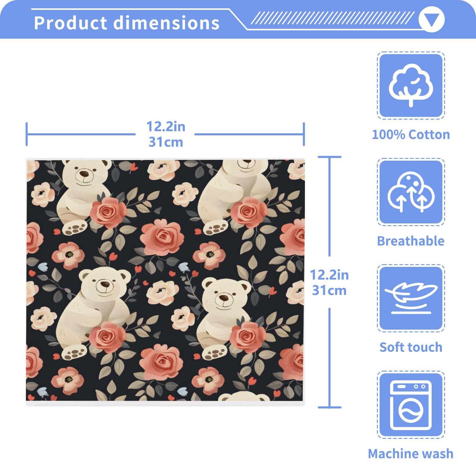 ALAZA Wash Cloth Set 100% Cotton Fingertip Towels Face Cloths Sets Bears Roses Highly Absorbent Soft Feel Set of 2