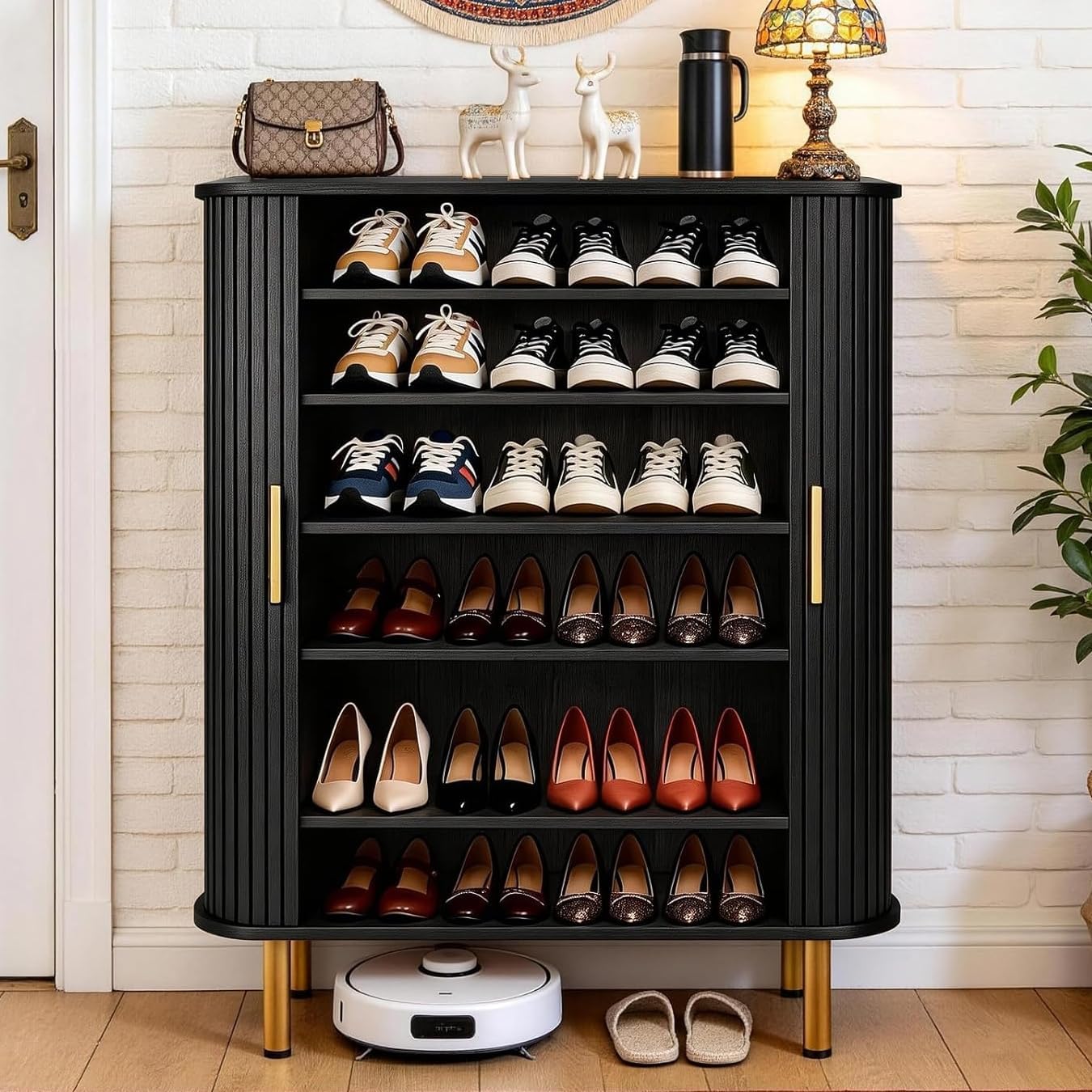 Shoe Cabinet Storage for Entryway: 6-Tier Shoe Cabinet with Adjustable Shelves & Sliding Doors, Mid-Century Modern Freestanding Shoe Storage Organizer for Entryway, Hallway, Living Room