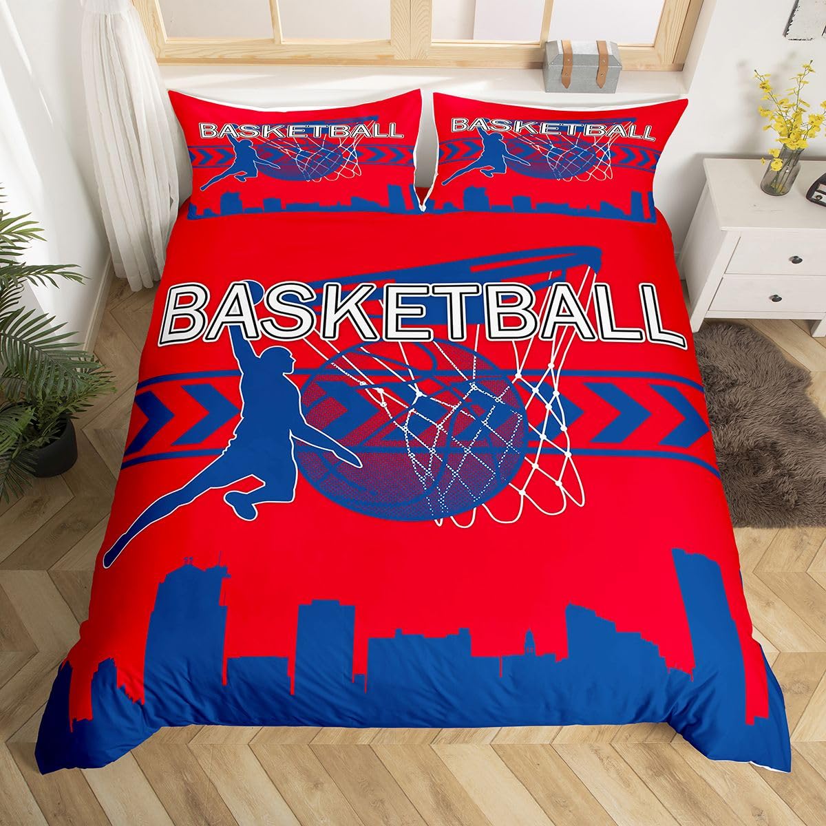 Parure de couette motif sport Detroit rouge et bleu grand lit