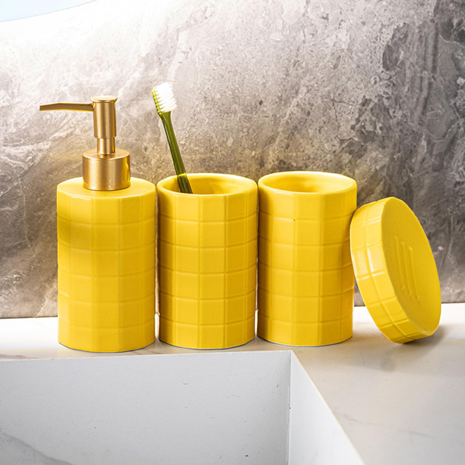 Set da bagno in ceramica di alta qualità con base antiscivolo dispenser di sapone e bicchiere per spazzolino da denti, set da bagno in ceramica per bagno