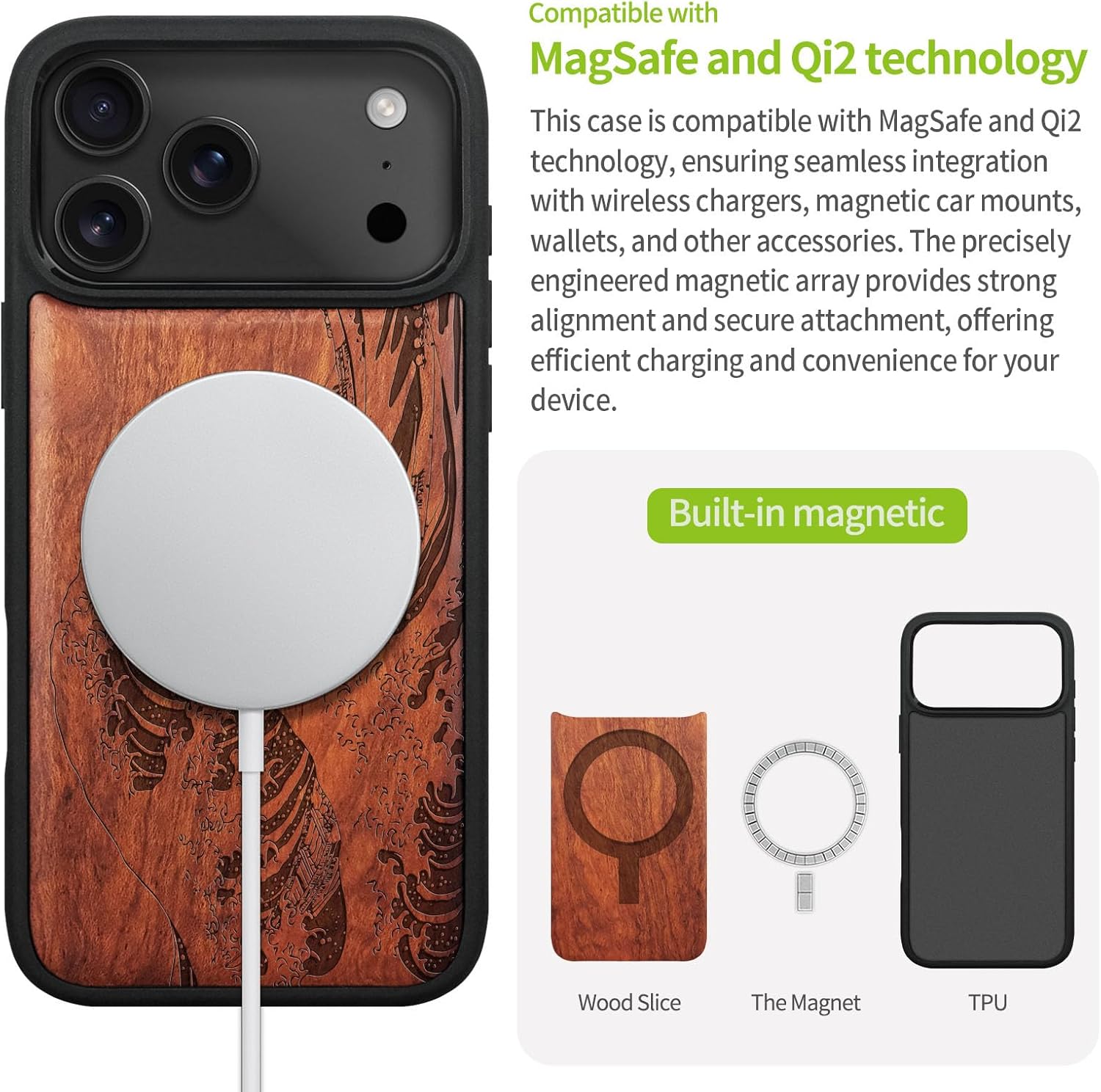 Carveit Magnetic Wooden Case for iPhone 17 Pro Case, Wood Artisan Engraved & Black Soft TPU Shockproof Cover, Compatible with MagSafe Wireless Chargers (Wave Reimagined) Rosy