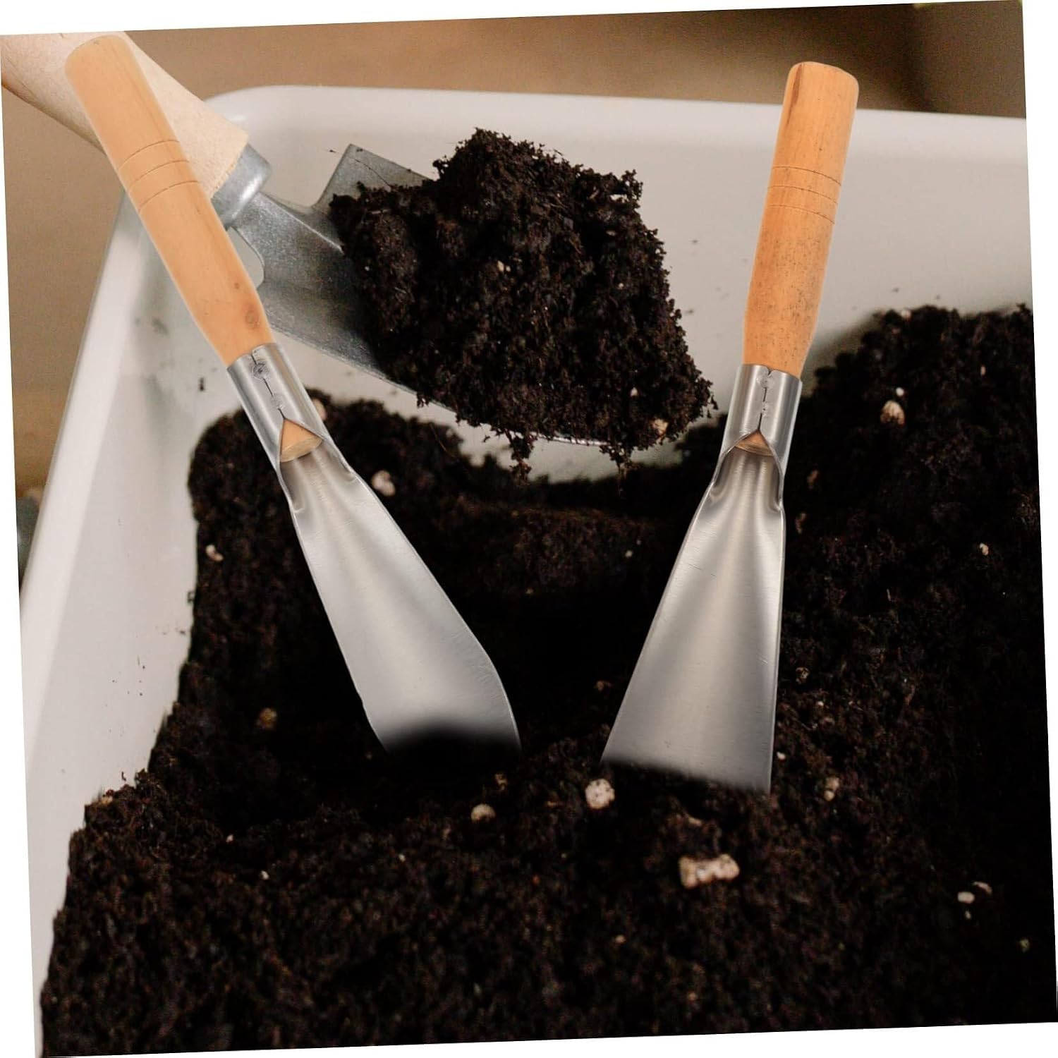 2Pcs Heavy Duty Stainless Steel Garden Hand Trowels with Wood Handle Transplanting and Weeding Tools for Planting