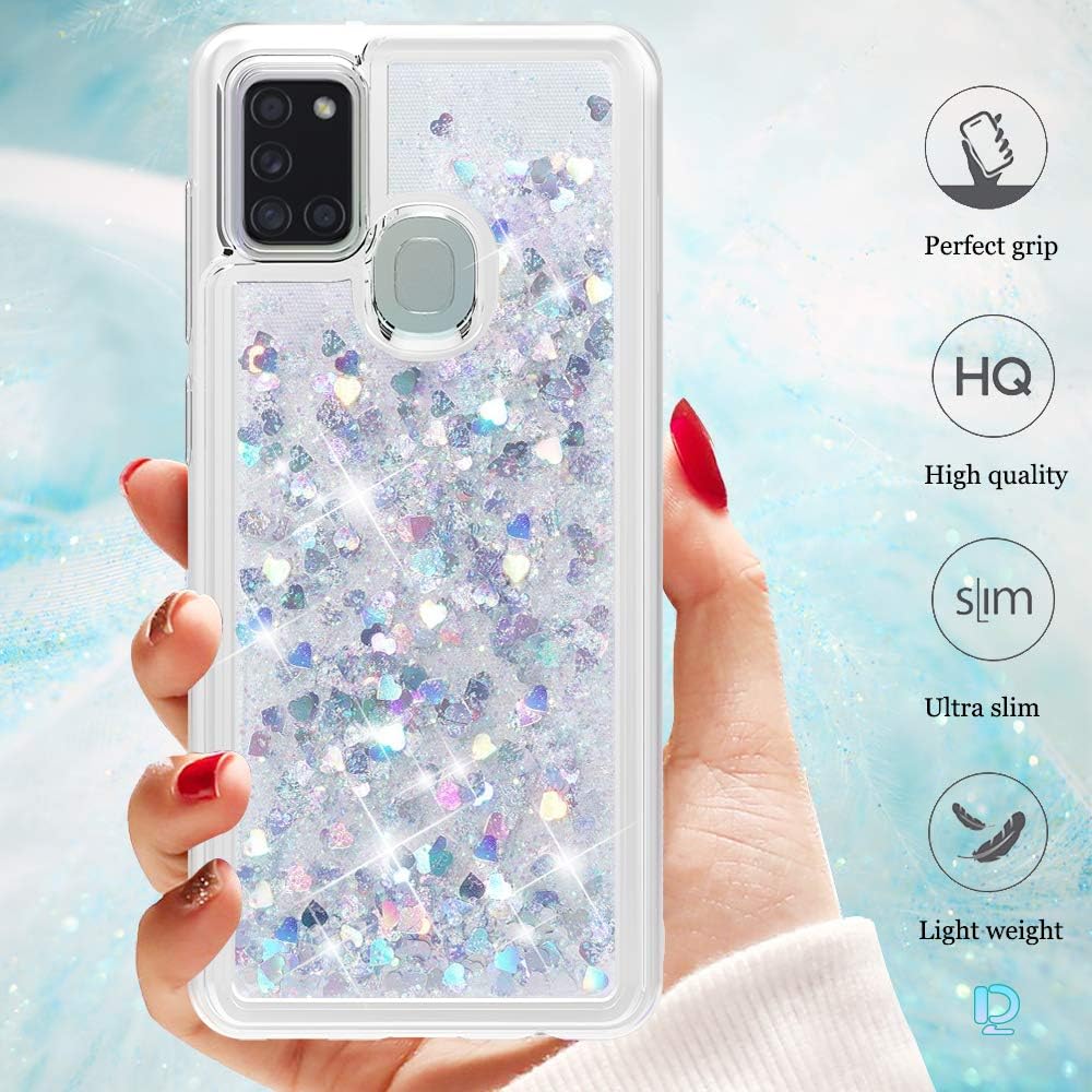 Dzxouui for Samsung A21S Case and Glass Screen Protector,TPU Bling Girls Women Sparkle with Moving Quicksand Glitter Cute Clear Cover Phone Cases for Samsung Galaxy A21S(Silver)