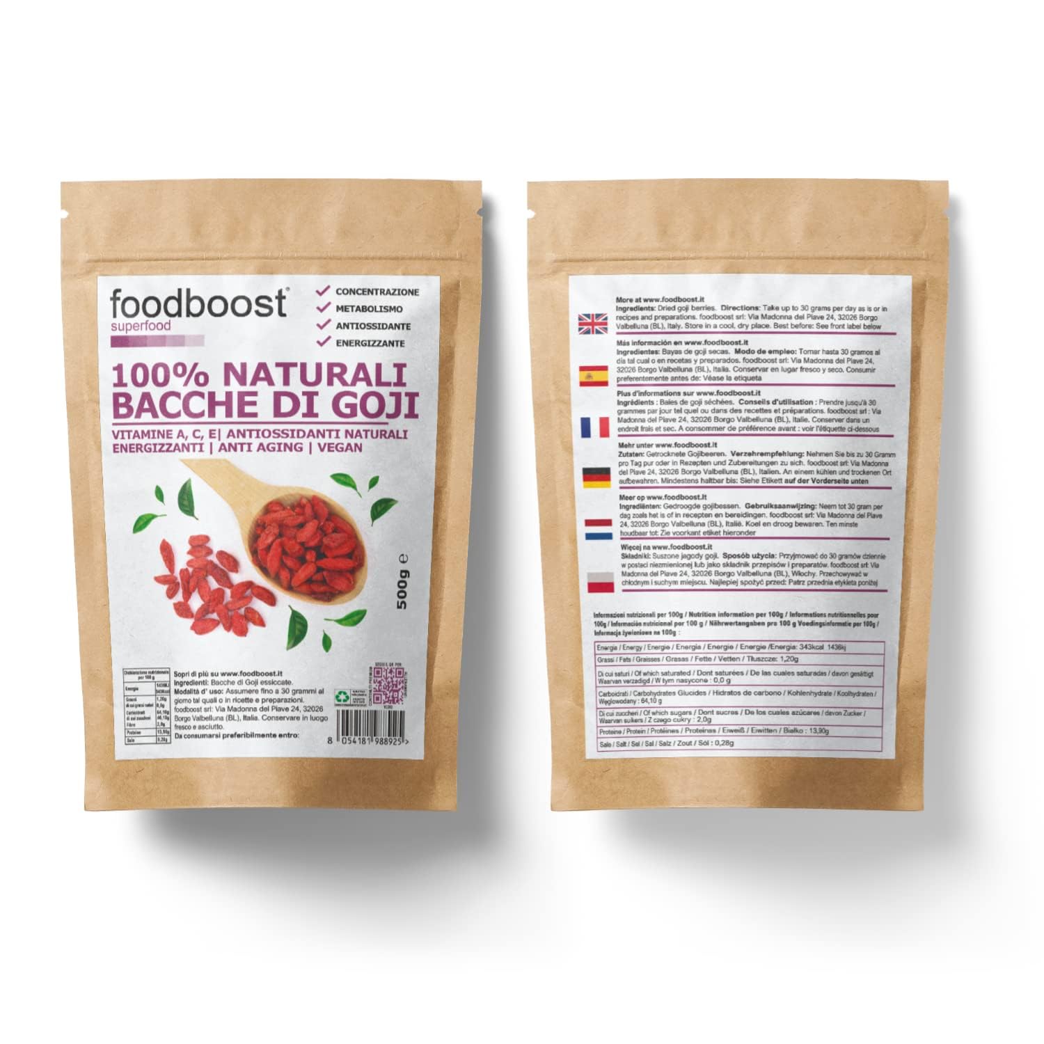 Foodboost Bayas de Goji 500 g – 100% naturales de cultivos seleccionados – Sin conservantes ni aditivos – Naturalmente ricas en antioxidantes vitamina A, vitamina E, Omega 3, calcio, hierro, zinc