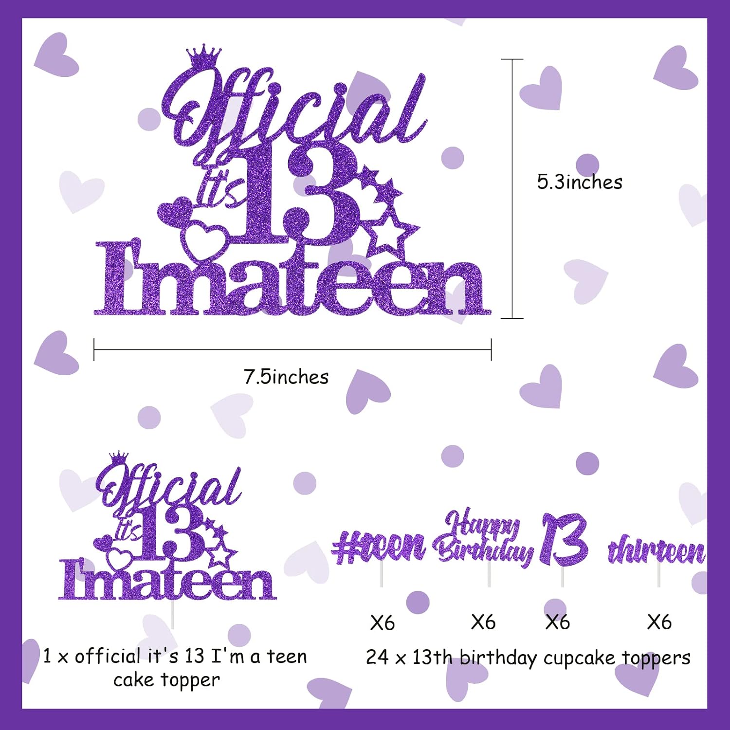 Glitter Purple 13th Cake Decorations - Official 13 I'm a Teen Cake Topper with 24 Pack Cupcake Toppers for Teenager Girl Thirteen Birthday Party Supplies