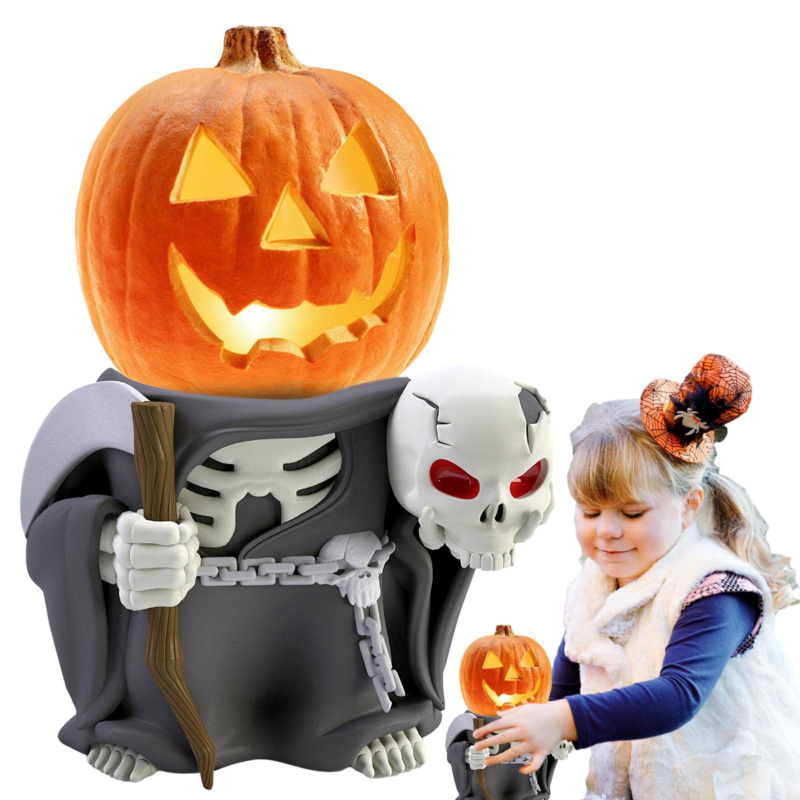 Czarujące dekoracje ogrodowe z bajki na Halloween z figurkami małych dyniowych rycerzy i ozdobami LED na choinkę