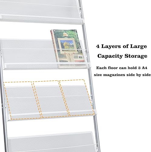 Miniatura 4 de Revistero de hierro de 4 capas con ruedas, estante de periódicos, estante de exhibición, plata (63)