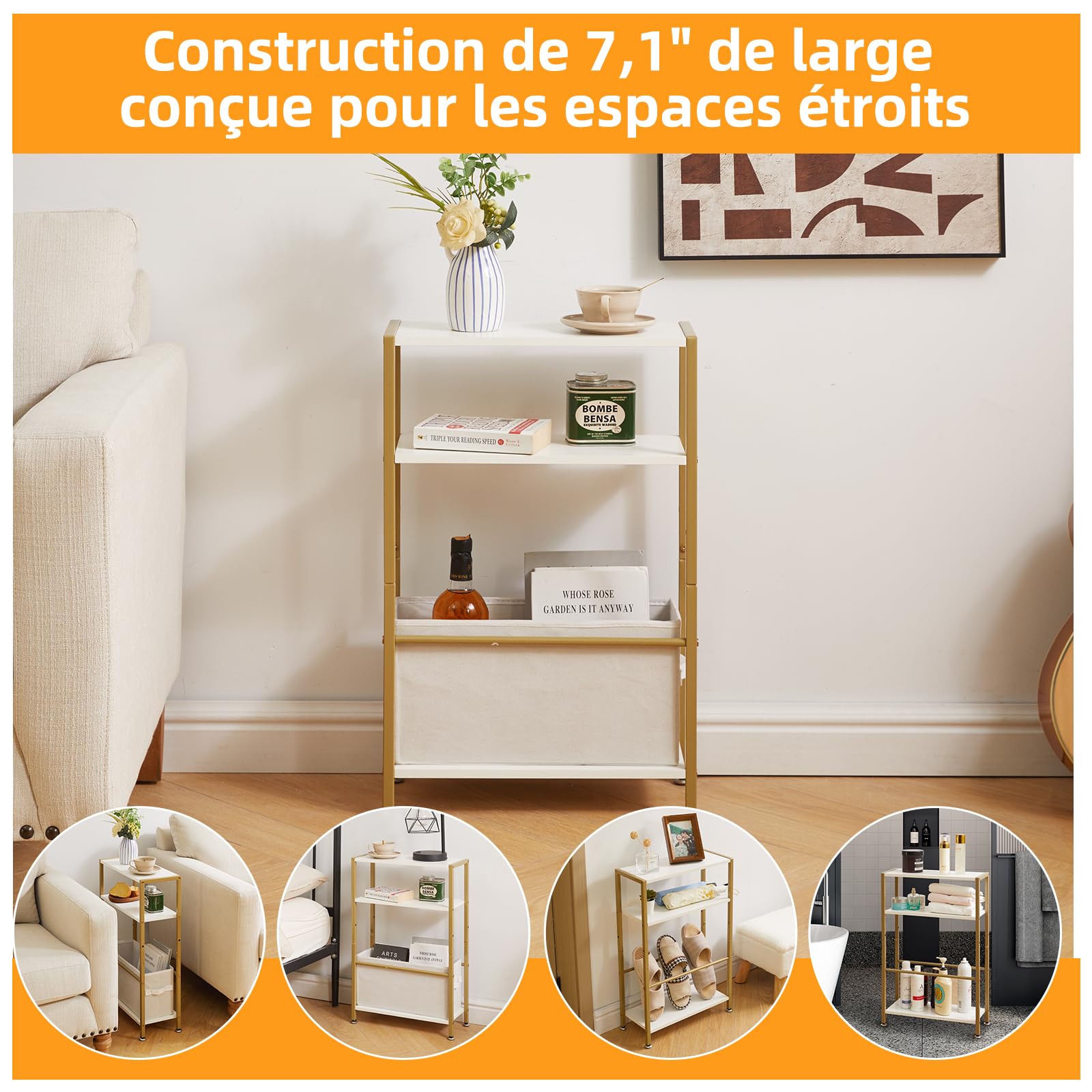 Aibiju Table D'appoint Étroite, Table D'appoint Fine à 3 Niveaux avec Panier en Tissu, Table de Canapé Moderne pour Espaces Étroits et Petits, avec Cadre en Métal Doré, Blanc YD-TM052J