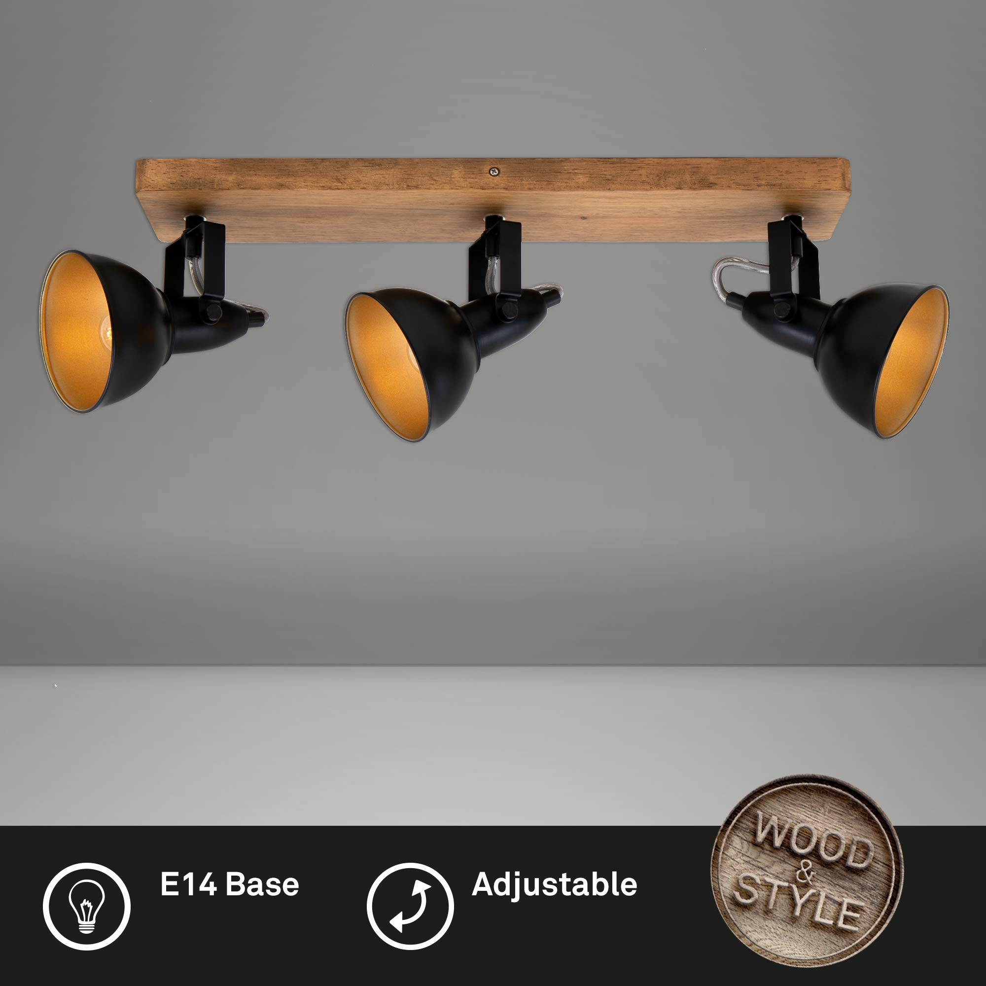 BRILONER Leuchten Faretto, Lampada da Parete retrò, Vintage, Girevole e inclinabile, 3X E14, Metallo-Legno, Nero-Oro, 500x110x157mm (LxPxH)