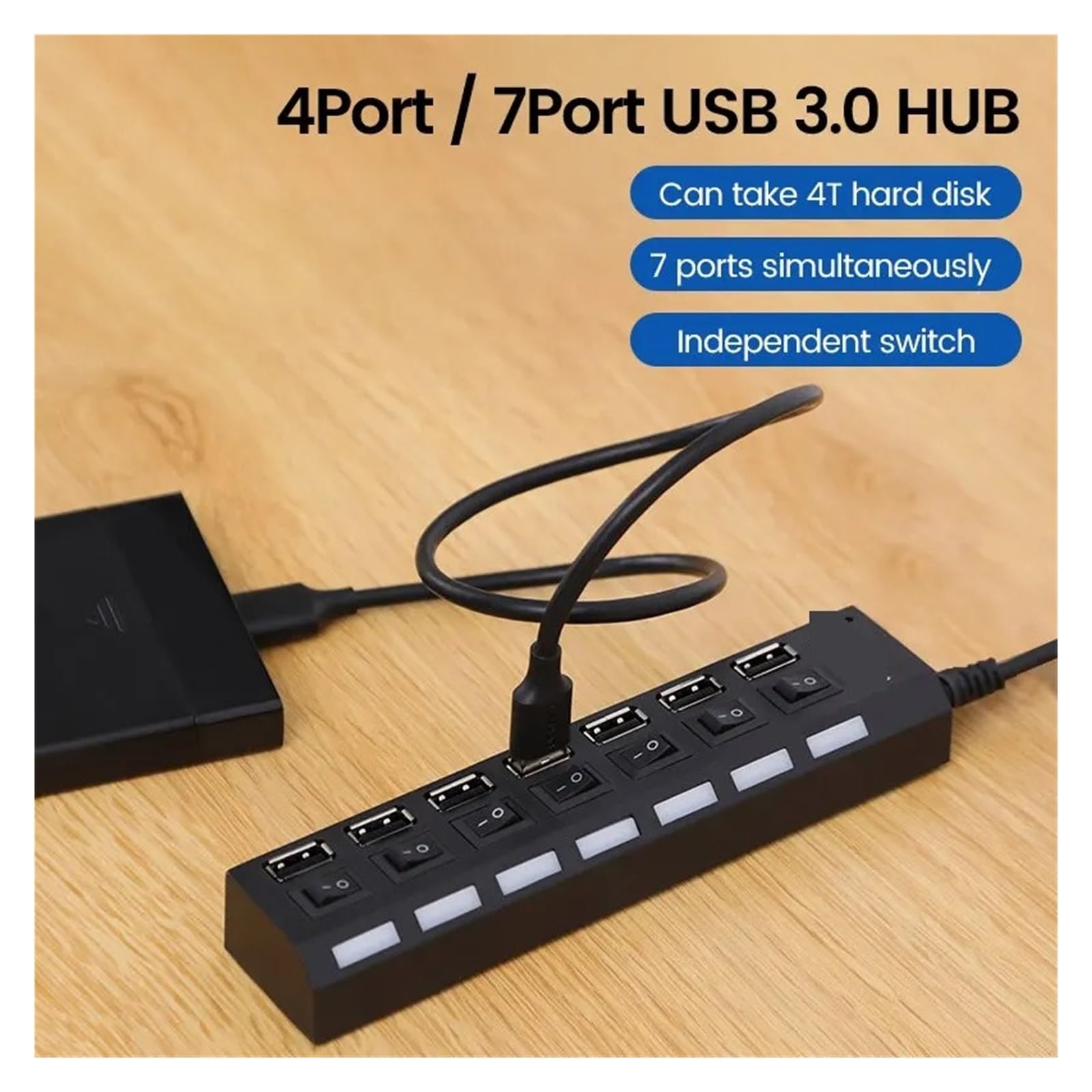 Koncentrator USB 2.0 Rozdzielacz Wielu Portów Hub Użyj Zasilacza 7-portowy Wielokrotny Ekspandera Z Przełącznikiem Kabel 30 Cm MożLiwość Szybkiego łAdowania(White)