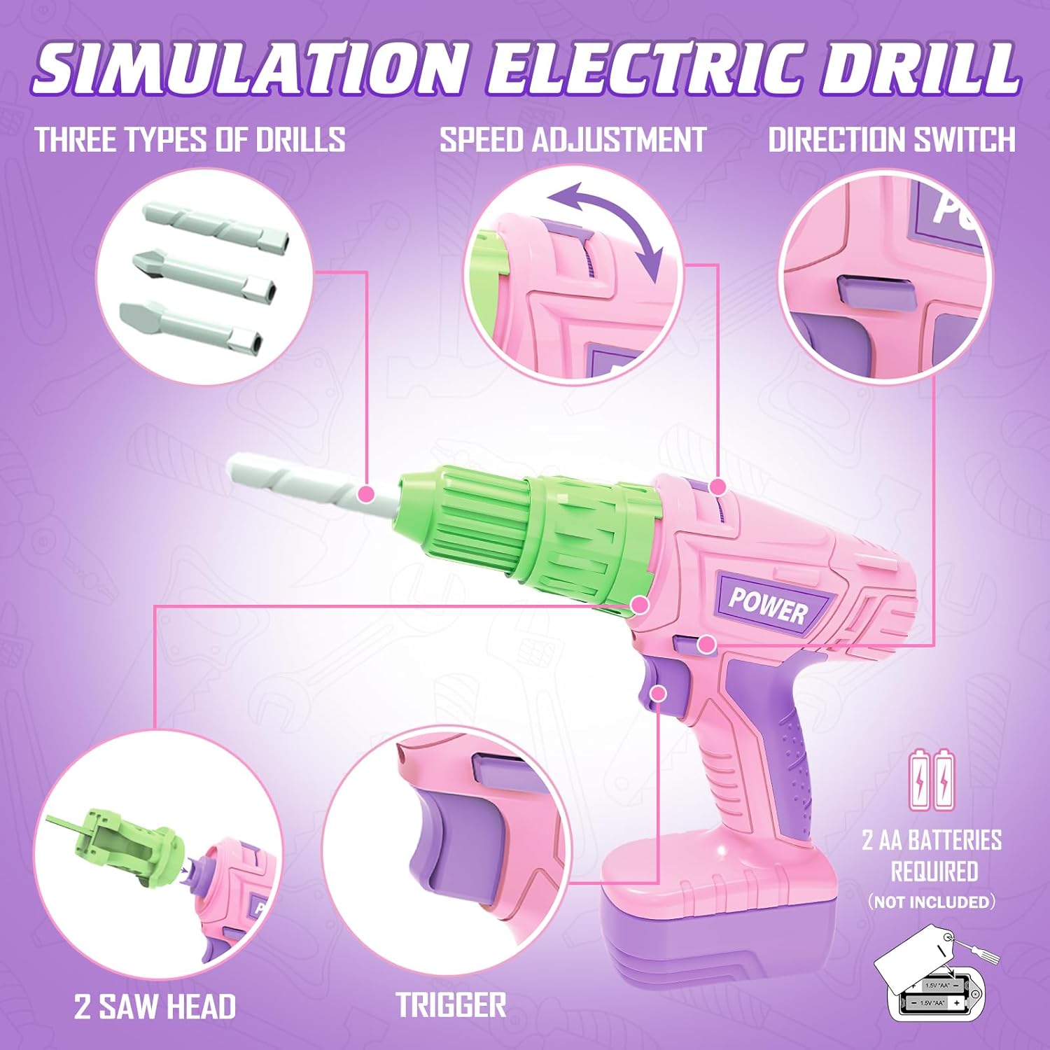 Kids Tool Set with Electric Toy Drill, Toy Chainsaw, Construction Tools & Safety Vest, Pretend Play Pink Tools Kit for Boys and Girls Ages 3+