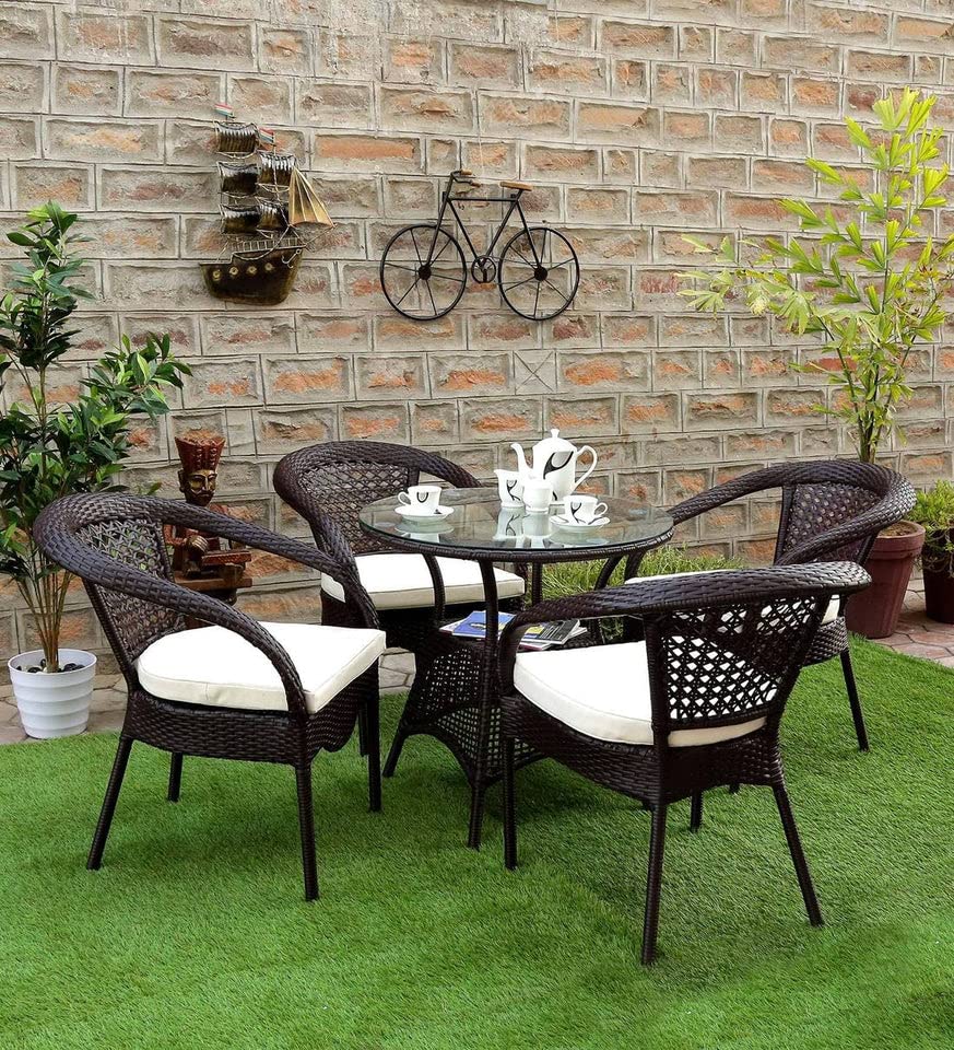 KYNE Balcony Chair Set - Outdoor Chairs with Table for Balcony, Garden Cafe Outdoor & Patio Furniture | Weatherproof, Comfortable & Stylish | Rattan/Wicker Design (Set of 4 Chairs + 1 Table, Honey)-image-9