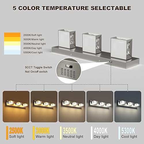 Miniatura 2 de Joossnwell Lámpara de tocador de baño de níquel cepillado de cristal 5CCT regulable sobre el espejo (3 luces, 20.47 pulgadas) LED modernas luces de