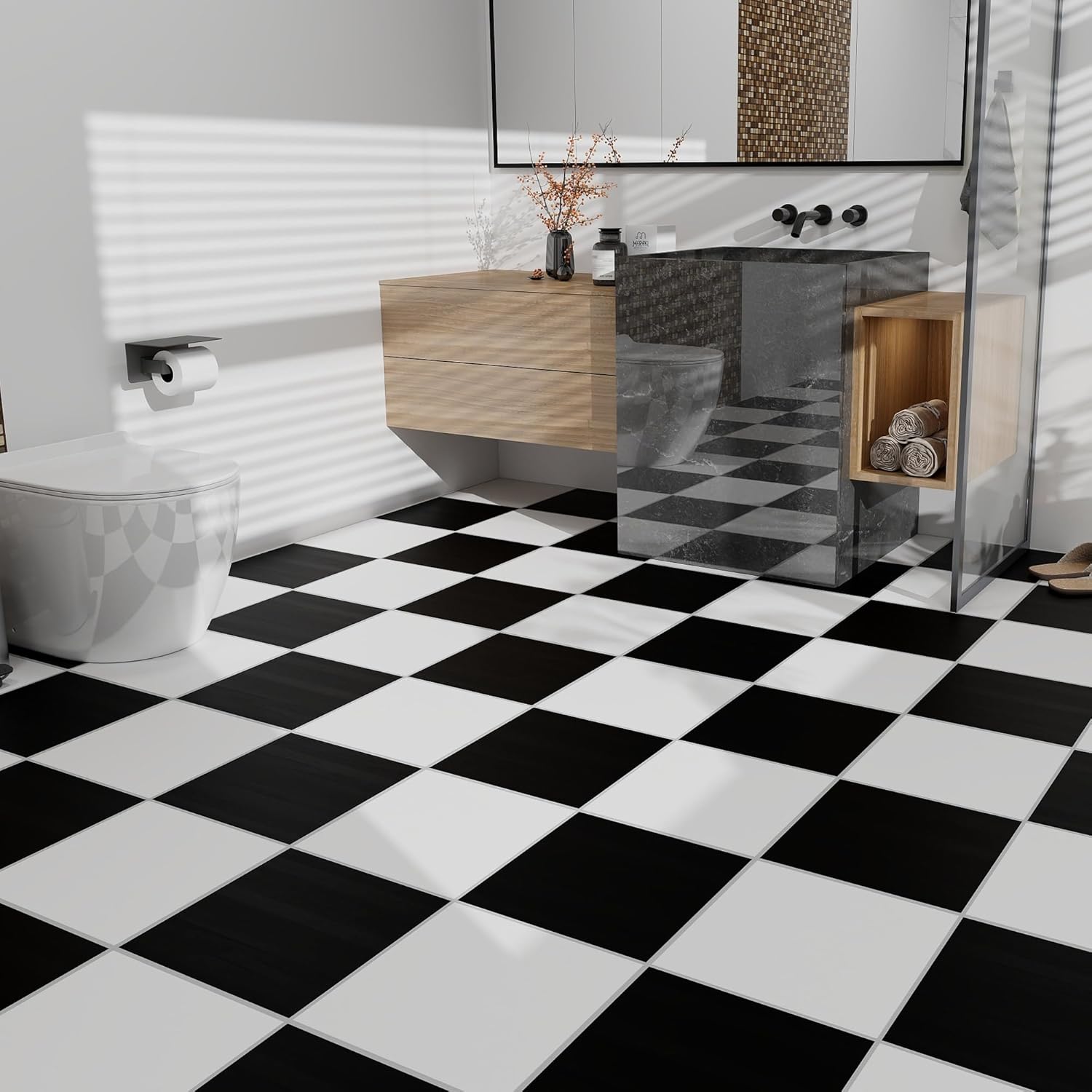 Lareko 52 Sq.Ft Black and White Peel and Stick Floor Tile – 630" Length 12" Width Roll - Self-Adhesive Vinyl Flooring Tiles Waterproof, Wide Plank for Easy Installation, Bathroom, Kitchen