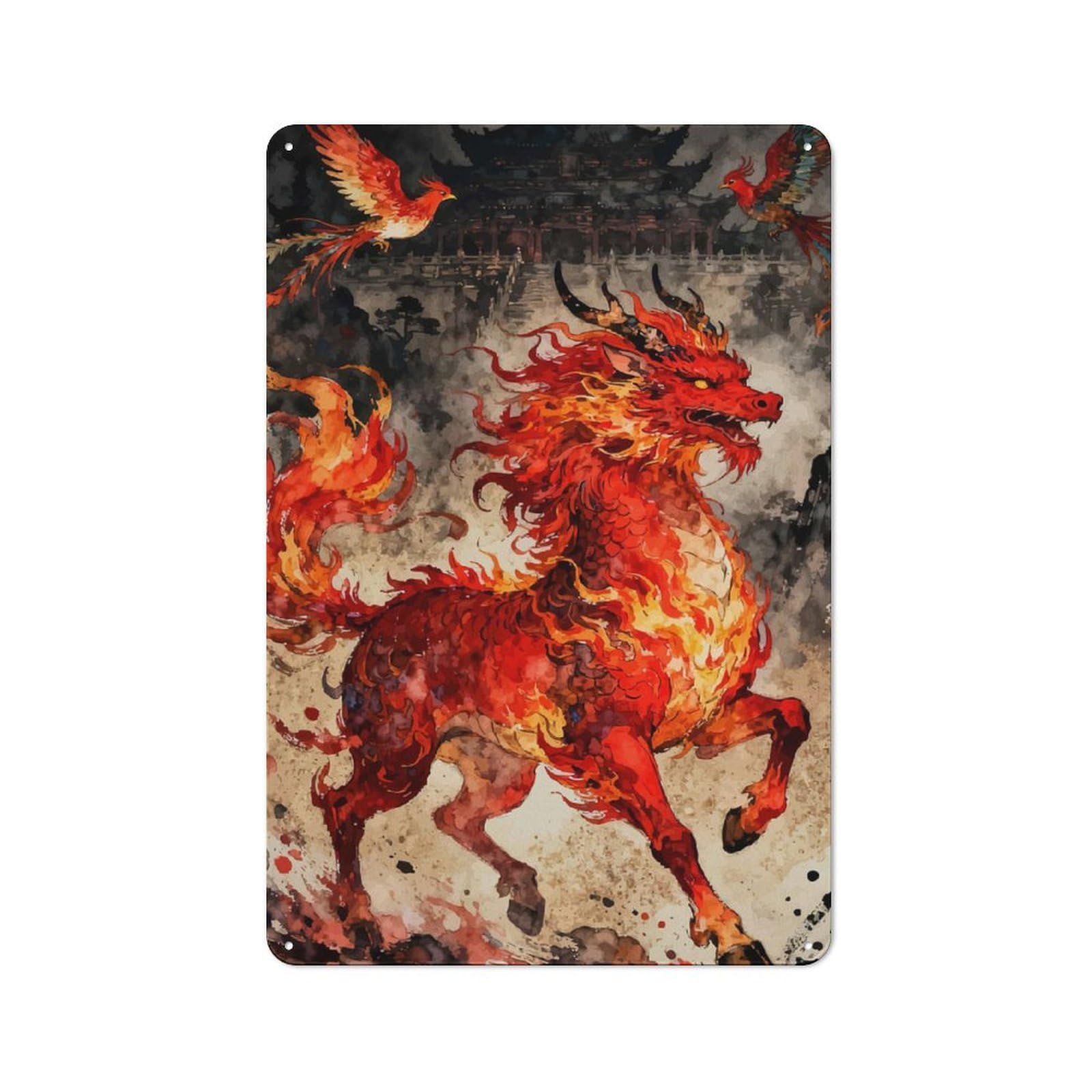Junmoney Style-21 Qilin And Phoenixes Asian Landscape Retro Metal Plaque 30X20cm For Guest Room Or Hallway, Housewarming Present For People Styling Guest Room And Hallway