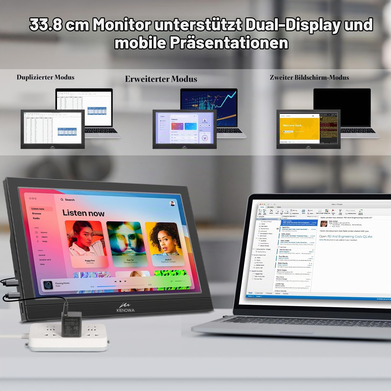 Kenowa 13.3 Zoll USB-C Tragbarer Monitor mit Dual Type-C/HDMI IPS-Bildschirm FHD 1920x1080 LCD Externe Monitor für Windows 7 8 10 OS PS3 PS4 Xbox Mac Raspberry Pi B Computer Laptop