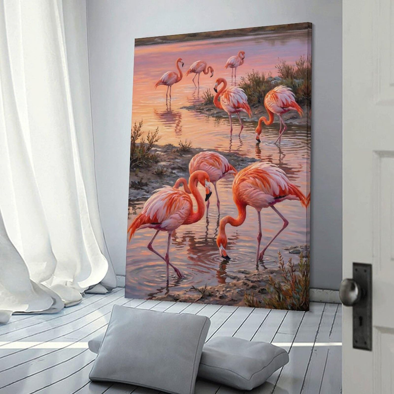 Junmoney Decorative Wall Artwork Flamingos in Water at Sunset, 08x12inch(20x30cm), for New Homes, Bedrooms Or Workspaces, Canvas Artwork with Gifting Potential
