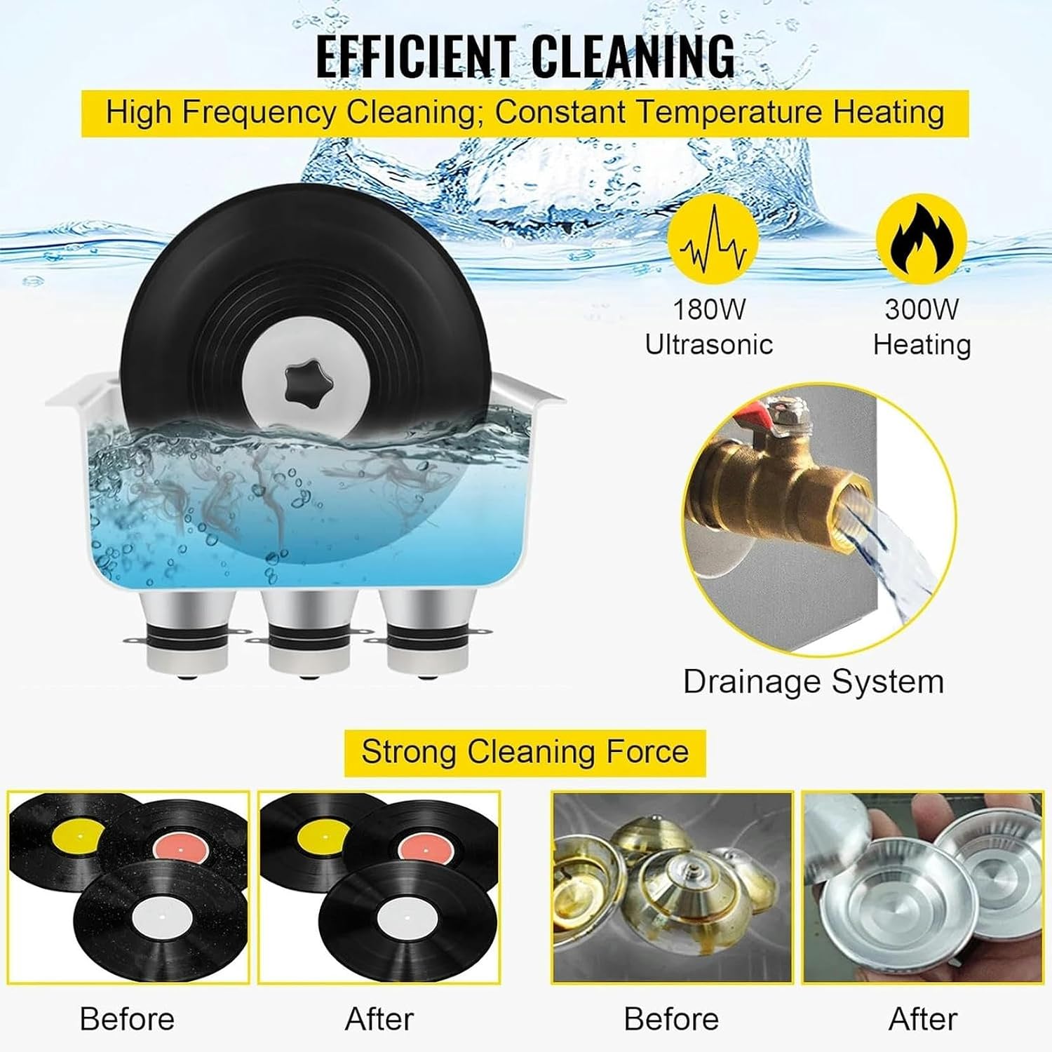 Ultrasonic Cleaner, Ultrasonic Cleaner of 6L Vinyl Discs, Ultrasonic 180W Record Cleaner with Drying Grid for Store at Home, Without Damage to The Surface of The Disc ~/