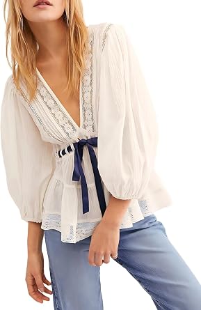 Women Lace Tie Front Ruffle Boho Top Flowy Puff Sleeve Sheer V Neck Floral Embroidery Chiffon Blouse Mesh Layered Top