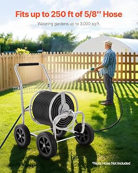 VEVOR Hose Reel Cart, Hold Up to 250 ft of 5/8 Hose, Garden Water Hose Carts Mobile Tools with 4 Wheels, Heavy Duty Powder-Coated Steel Outdoor Planting with Storage Basket, for Garden, Yard, Lawn