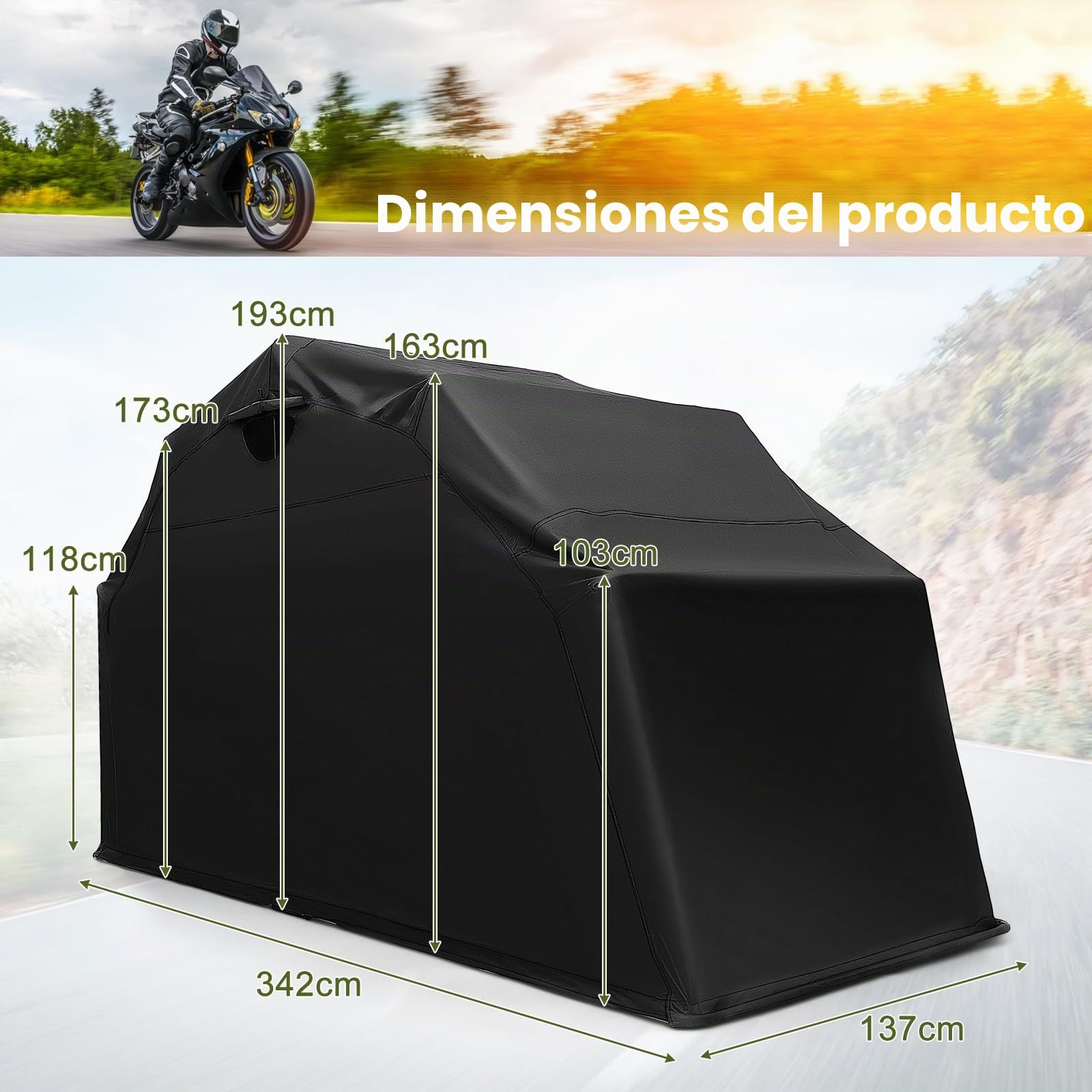 GOPLUS - Funda de moto para exterior, 342 x 137 x 193 cm, funda de moto impermeable, funda Oxford, ventana de ventilación, tornillo de expansión, cobertizo de coche