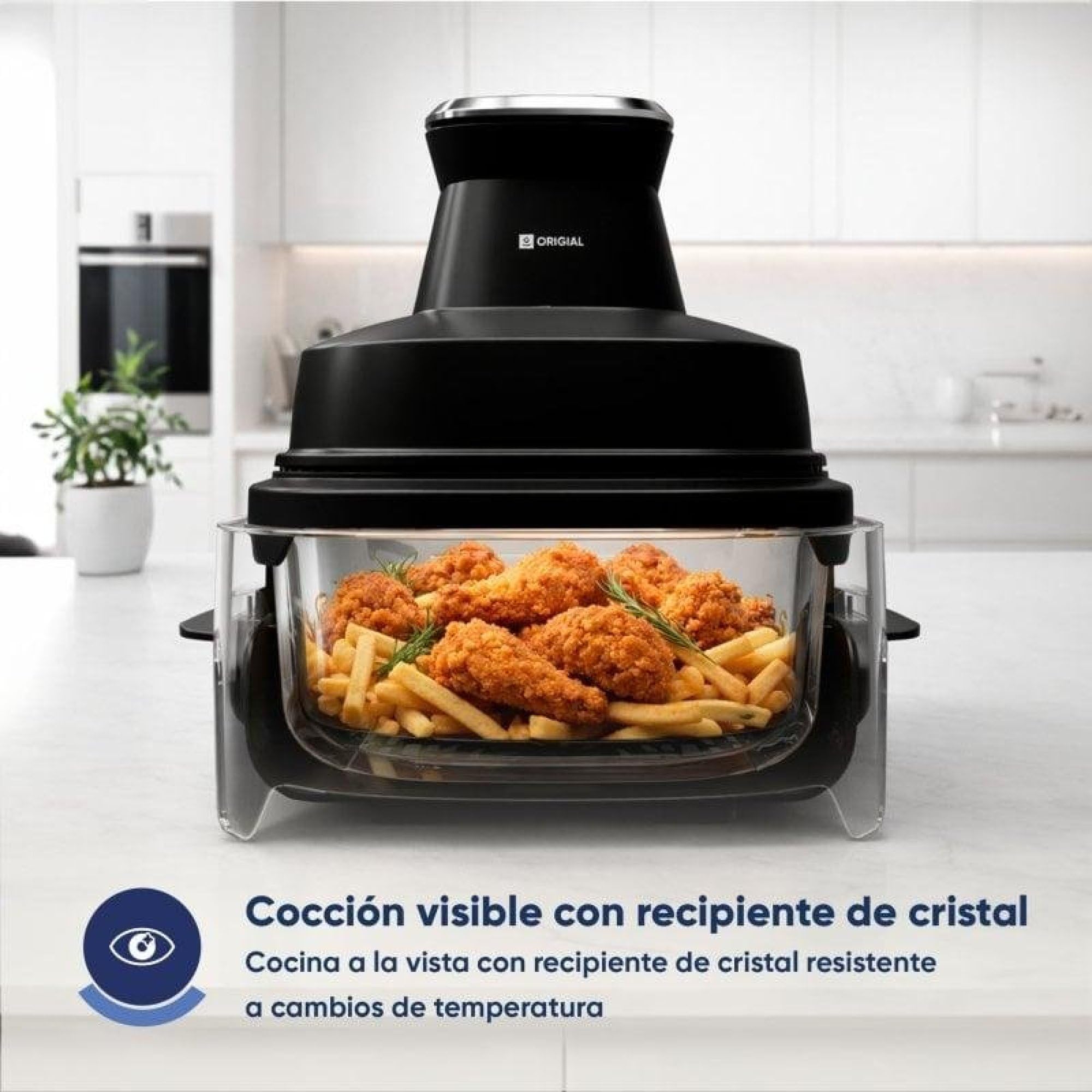 FryFit Glass Friggitrice ad aria in vetro, 4 l, 1500 W, friggitrice senza olio con contenitore in vetro, display digitale, 4 programmi, temperatura e tempo regolabili, nero