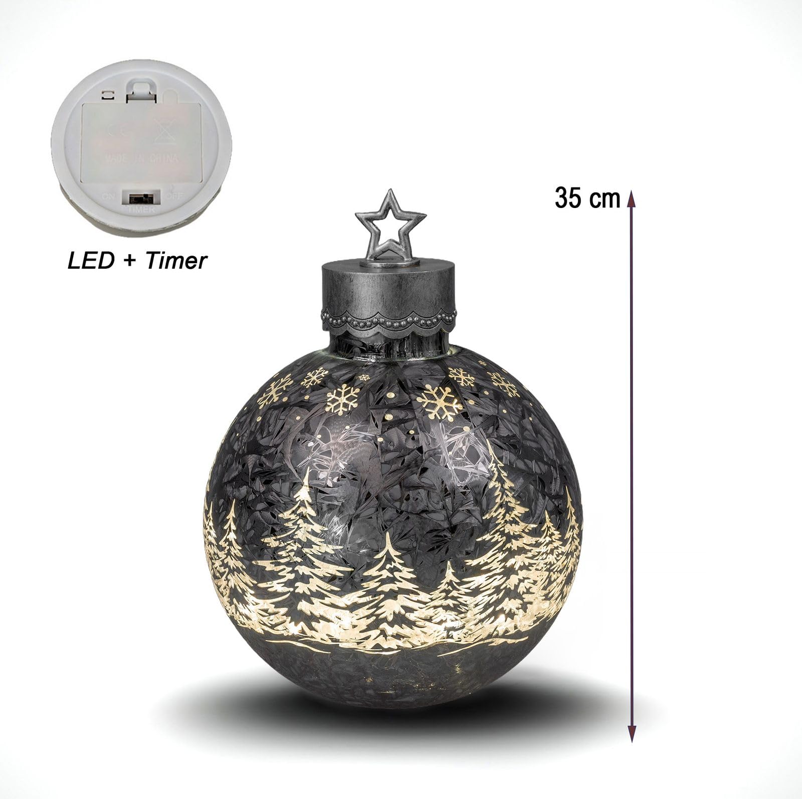 formano Deko-Kugel Frosty grau 35cm mit LED Licht Timer Beleuchtete Glaskugel - Weihnachtsdekoration Tisch Regal Deko-Kugel 6h/18h Timer Weihnachtskugel zum Stellen