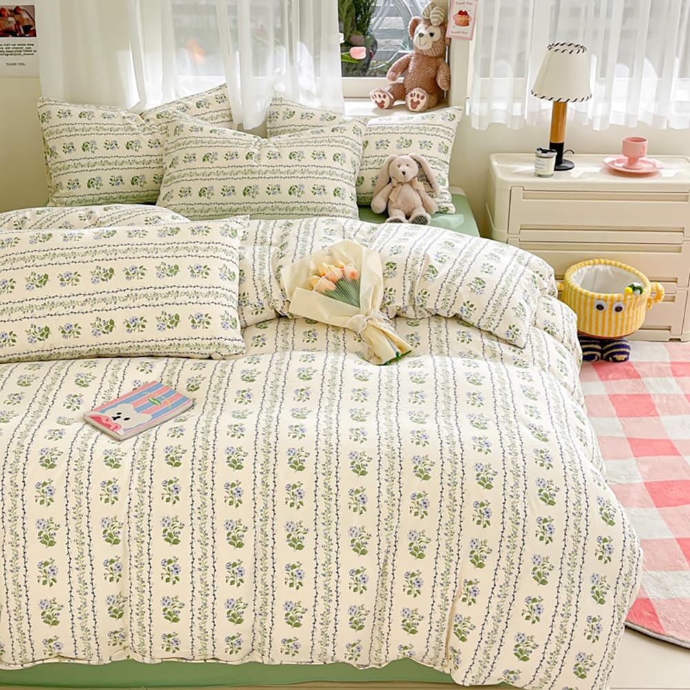 Covebett Duvet Cover Single Floral White Green Flower Botanical Striped Bedding Set Washed Microfiber Cute Aesthetic Girls Quilt Cover 135x200 with Zipper Closure and 1 Pillowcase 50x75 cm — image 1